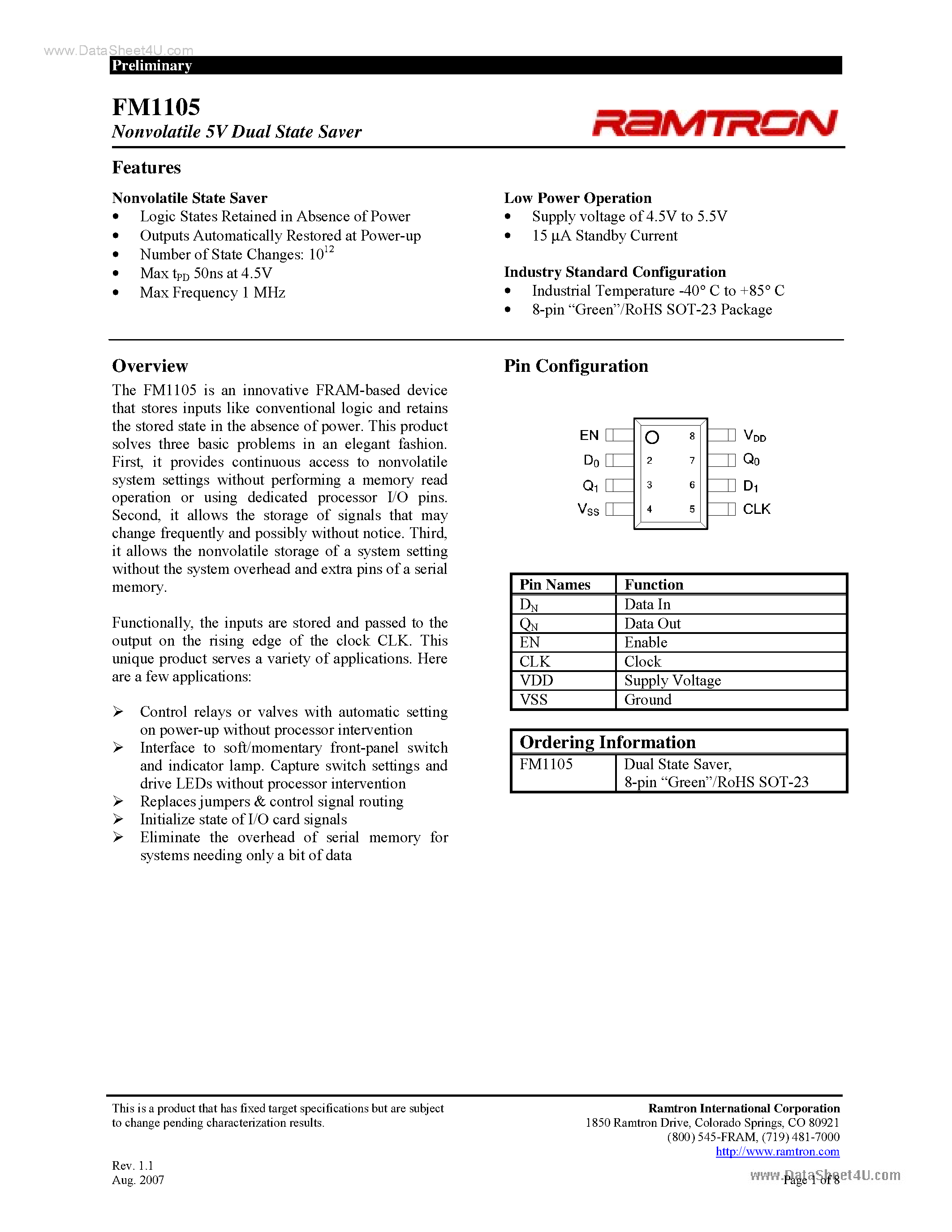 Datasheet FM1105 - Nonvolatile 5V Dual State Saver page 1