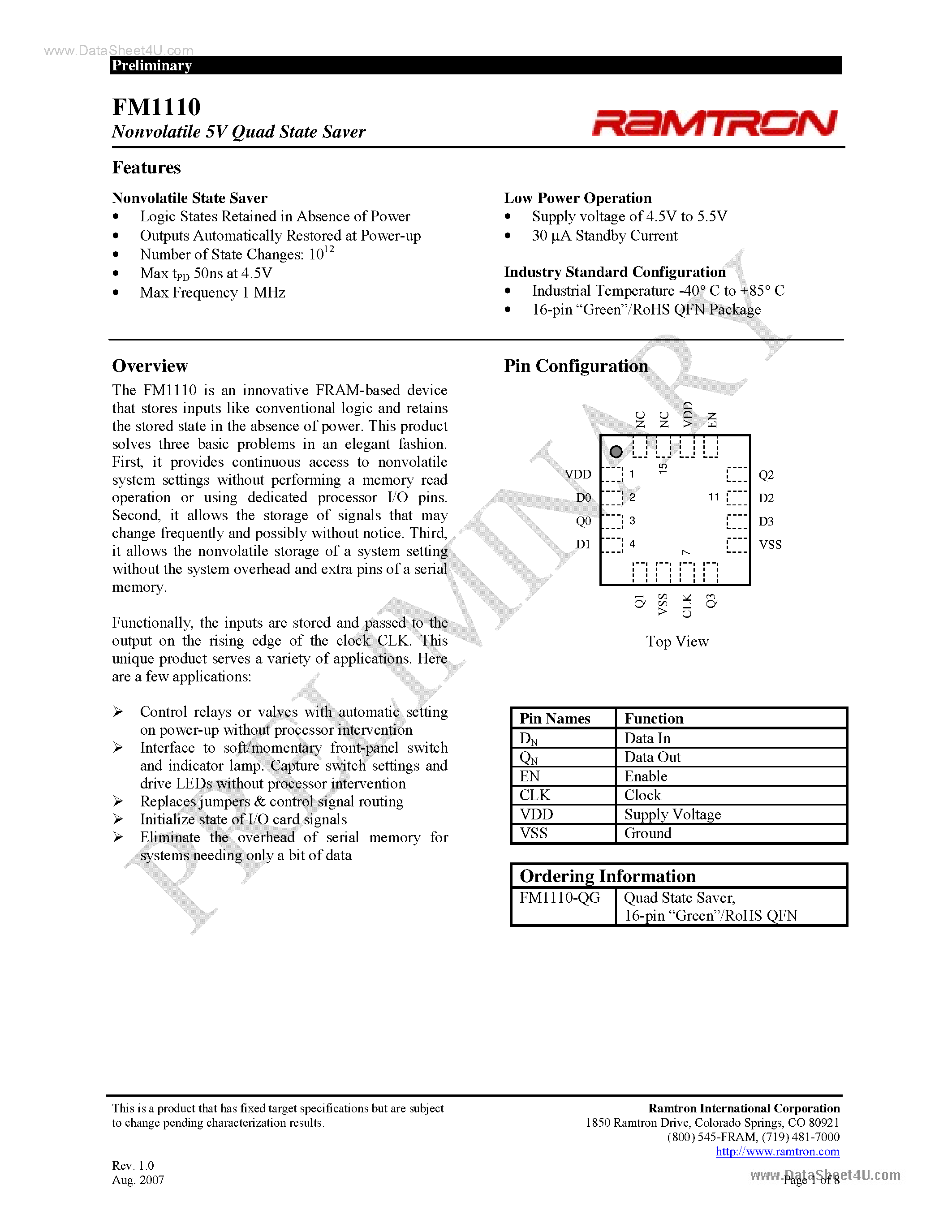 Datasheet FM1110 - Nonvolatile 5V Dual State Saver page 1