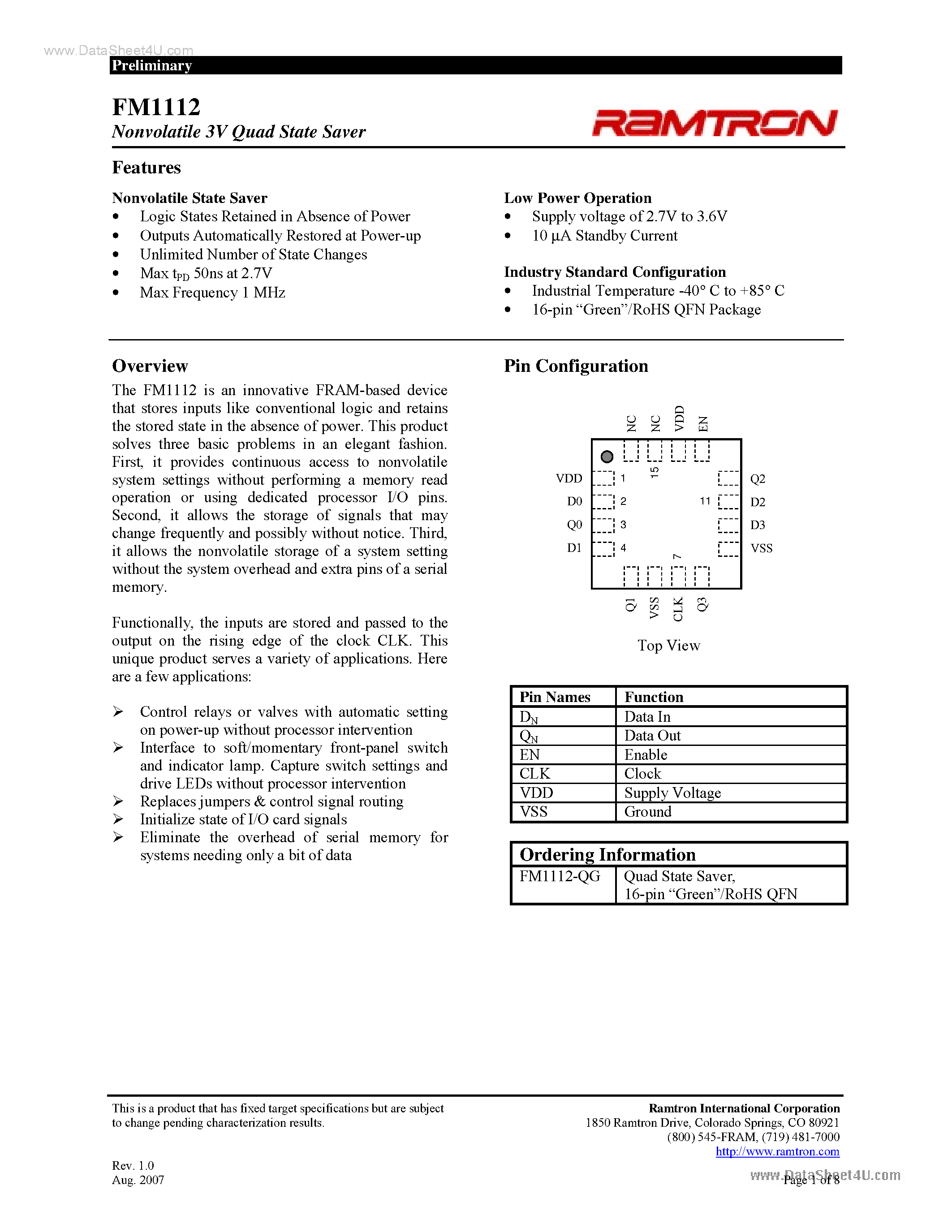 Datasheet FM1112 - Nonvolatile 3V Dual State Saver page 1