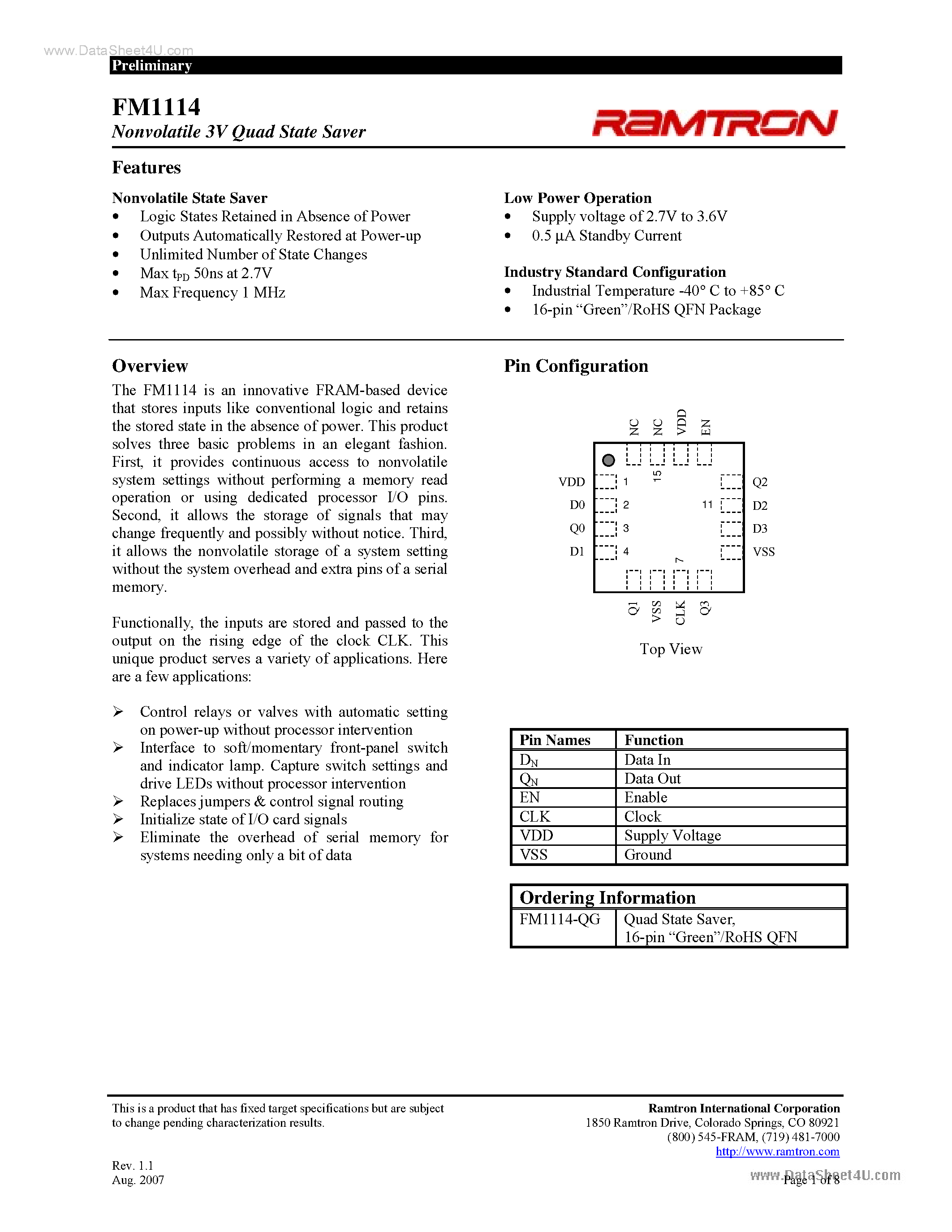 Datasheet FM1114 - Nonvolatile 3V Dual State Saver page 1
