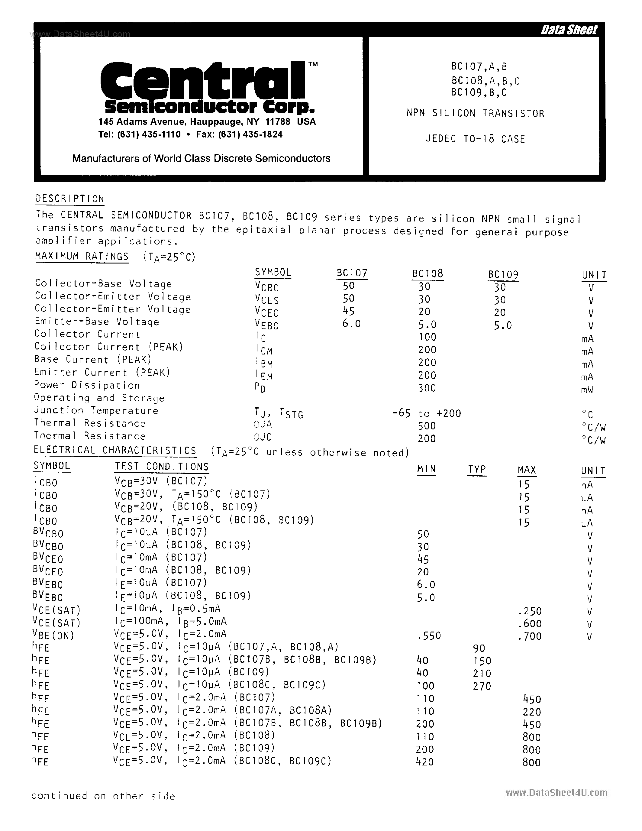 Datasheet BC107 - (BC107x - BC109x) Small Signal Transistors page 1