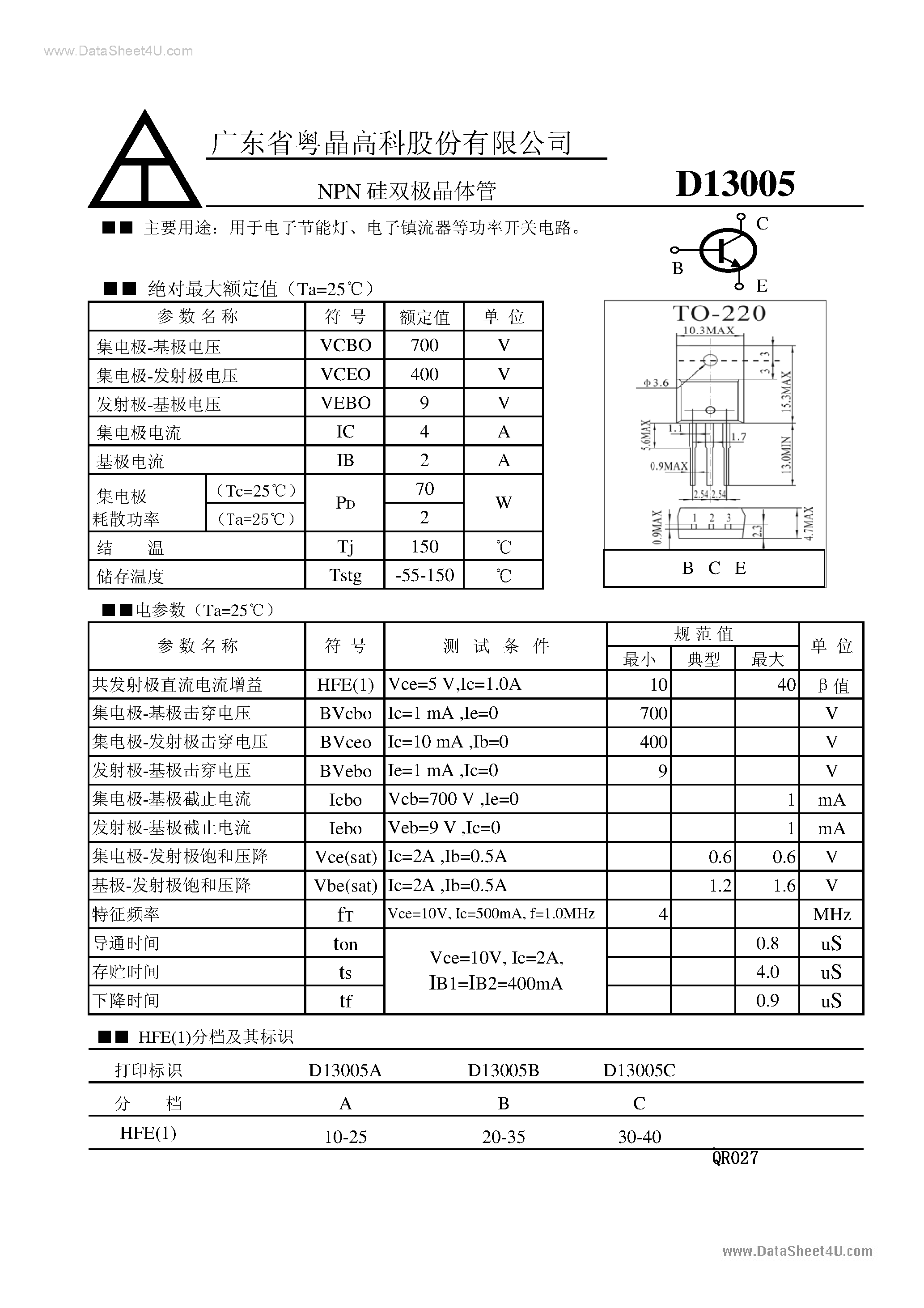 Даташит на микросхему D13005 страница 1 Даташит D13005 - NPN страница 1