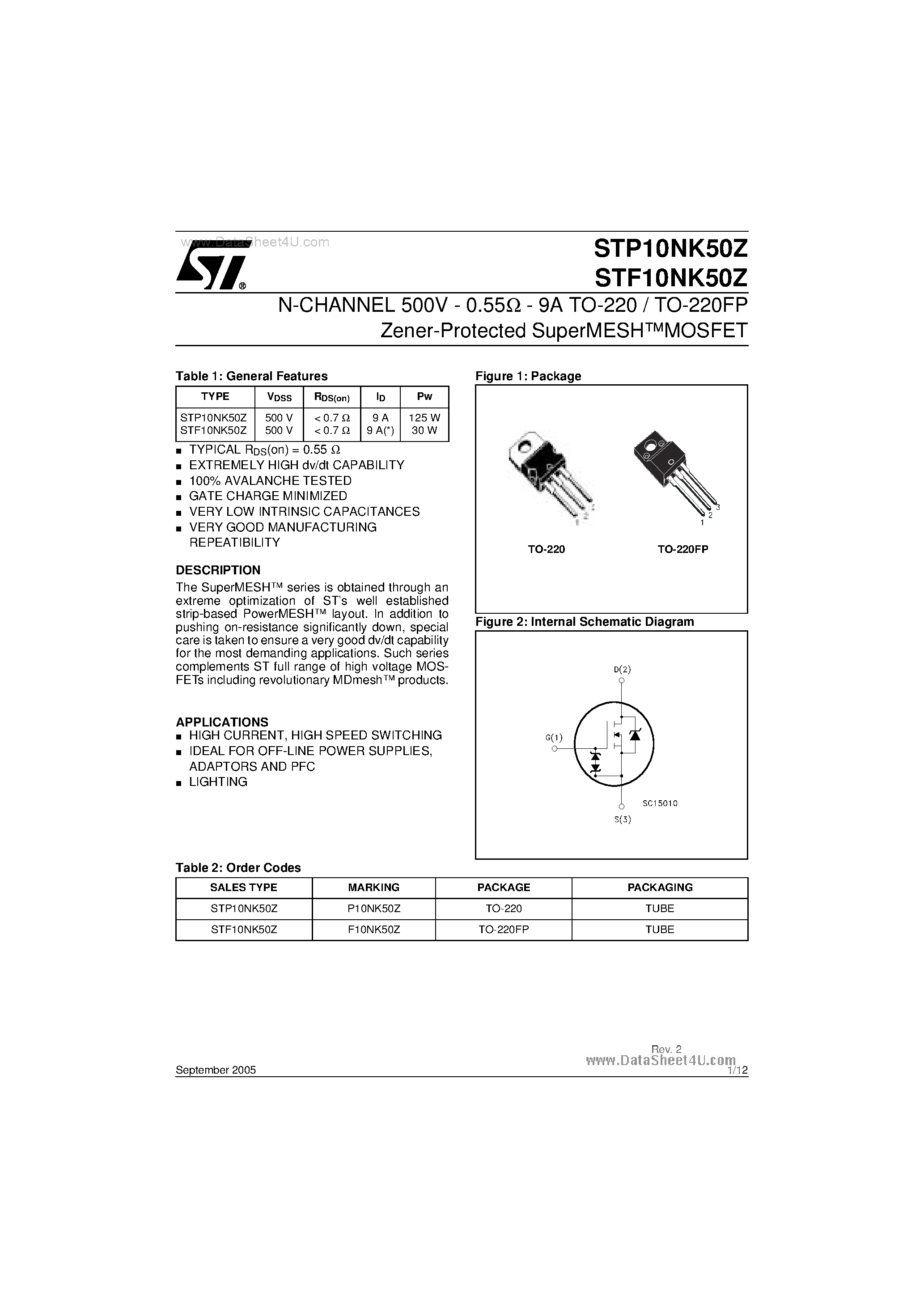 Даташит STP10NK50Z - N-CHANNEL Zener-Protected SuperMESH MOSFET страница 1