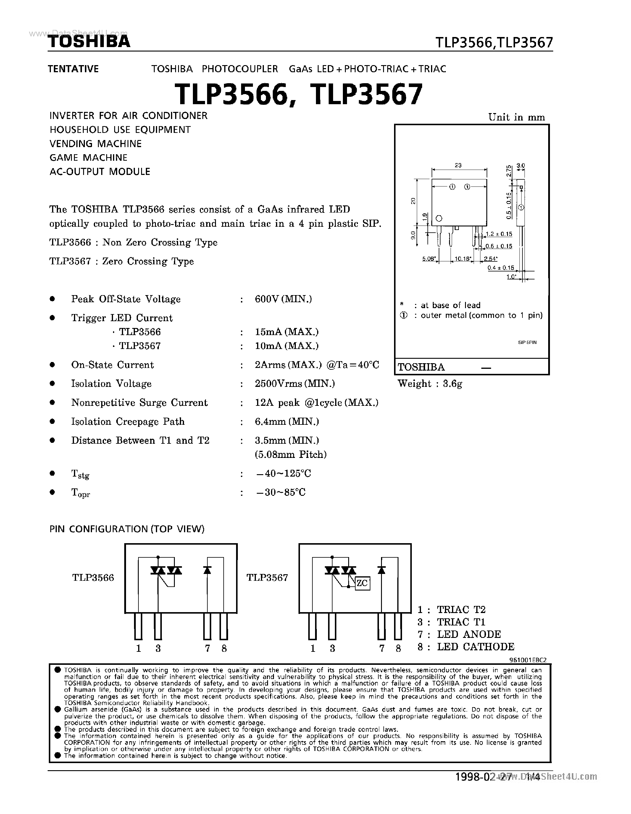 Даташит TLP3566 - (TLP3566 / TLP3567) Photocoupler страница 1