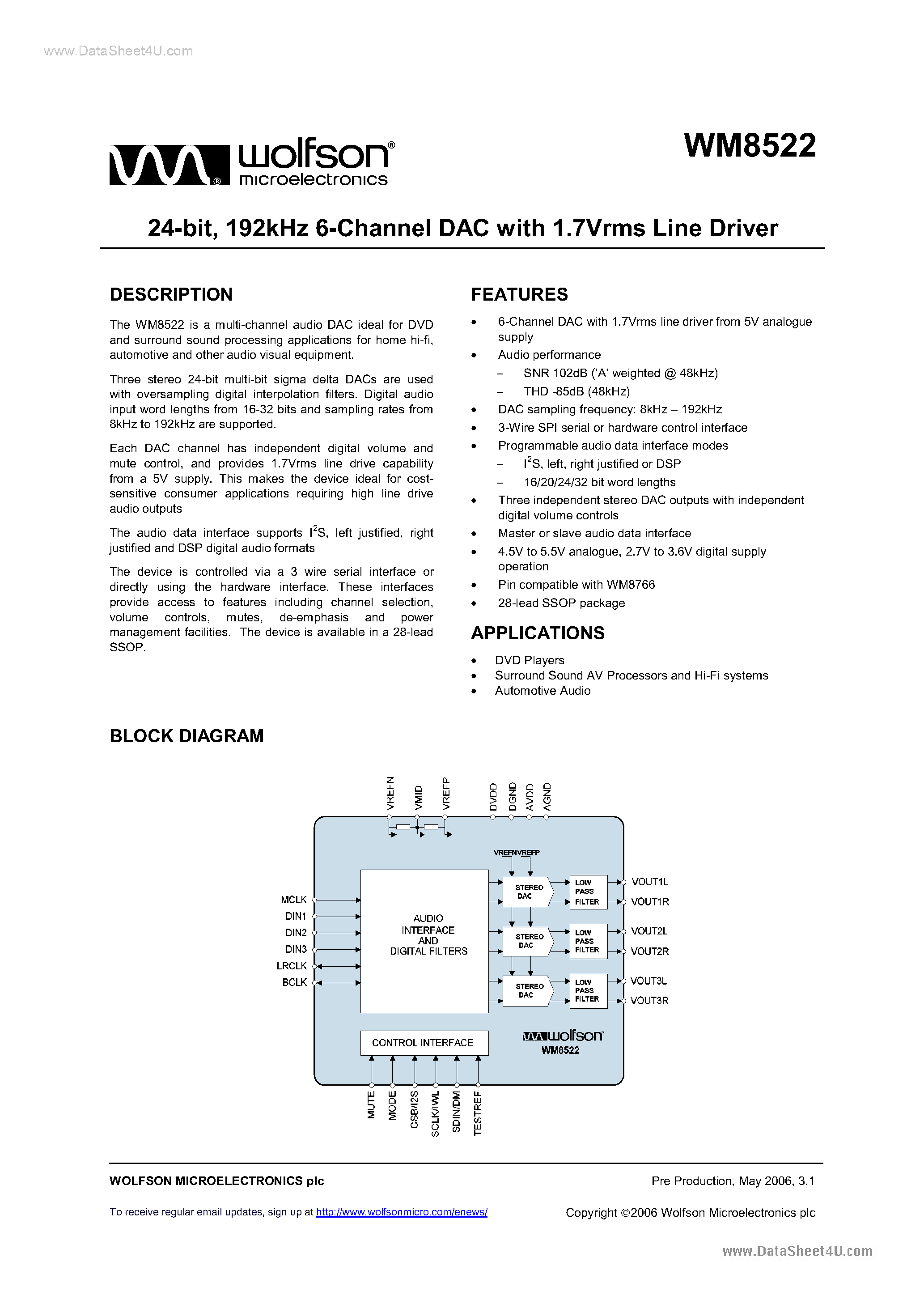 Datasheet WM8522 - 192kHz 6-Channel DAC page 1