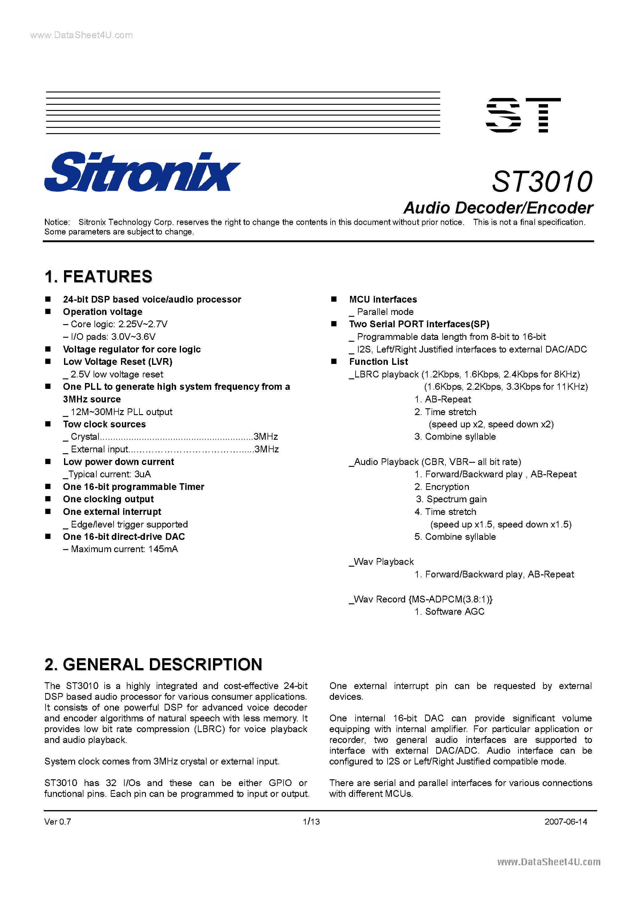 Datasheet ST3010 - Audio Decoder / Encoder page 1