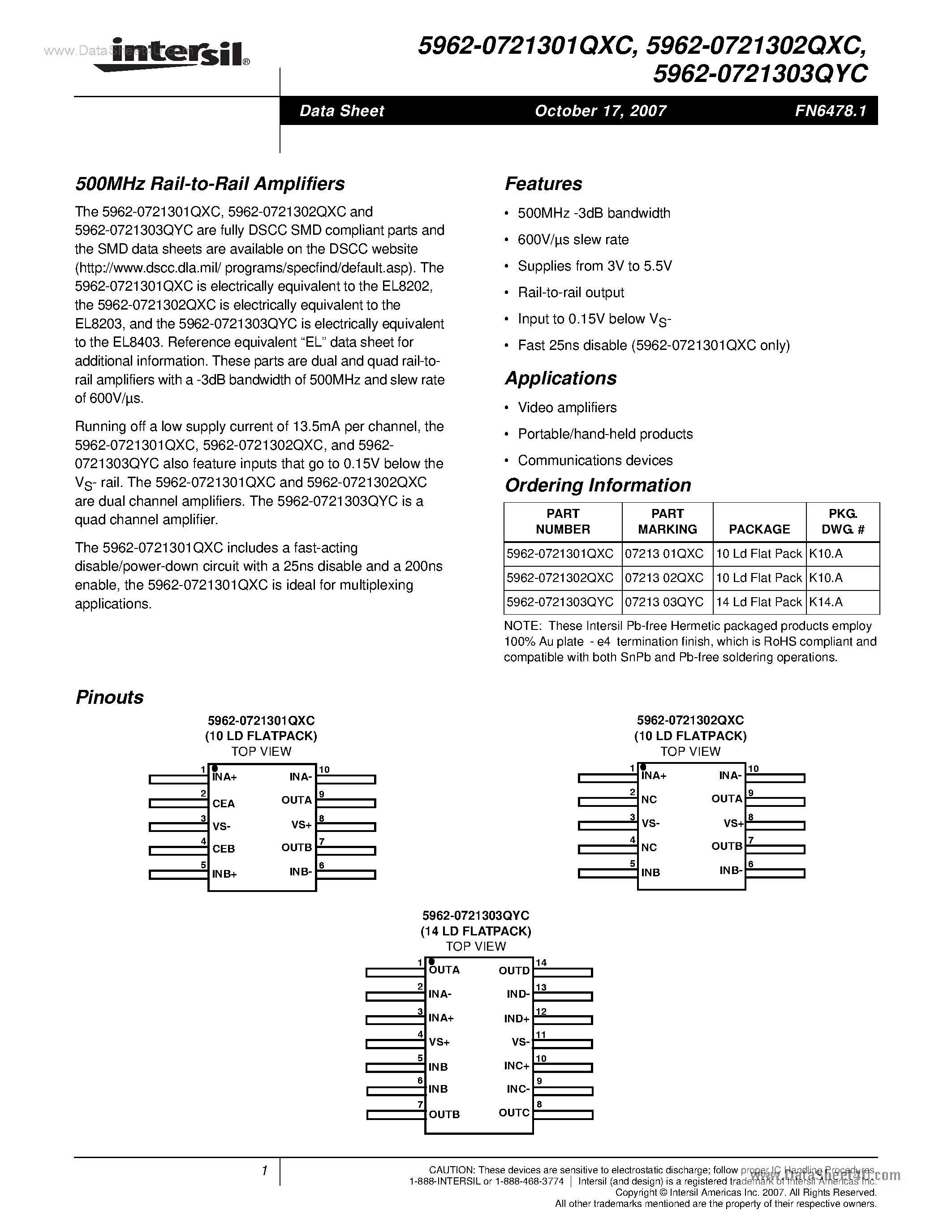 Datasheet 5962-0721301QXC - 500MHz Rail-to-Rail Amplifiers page 1