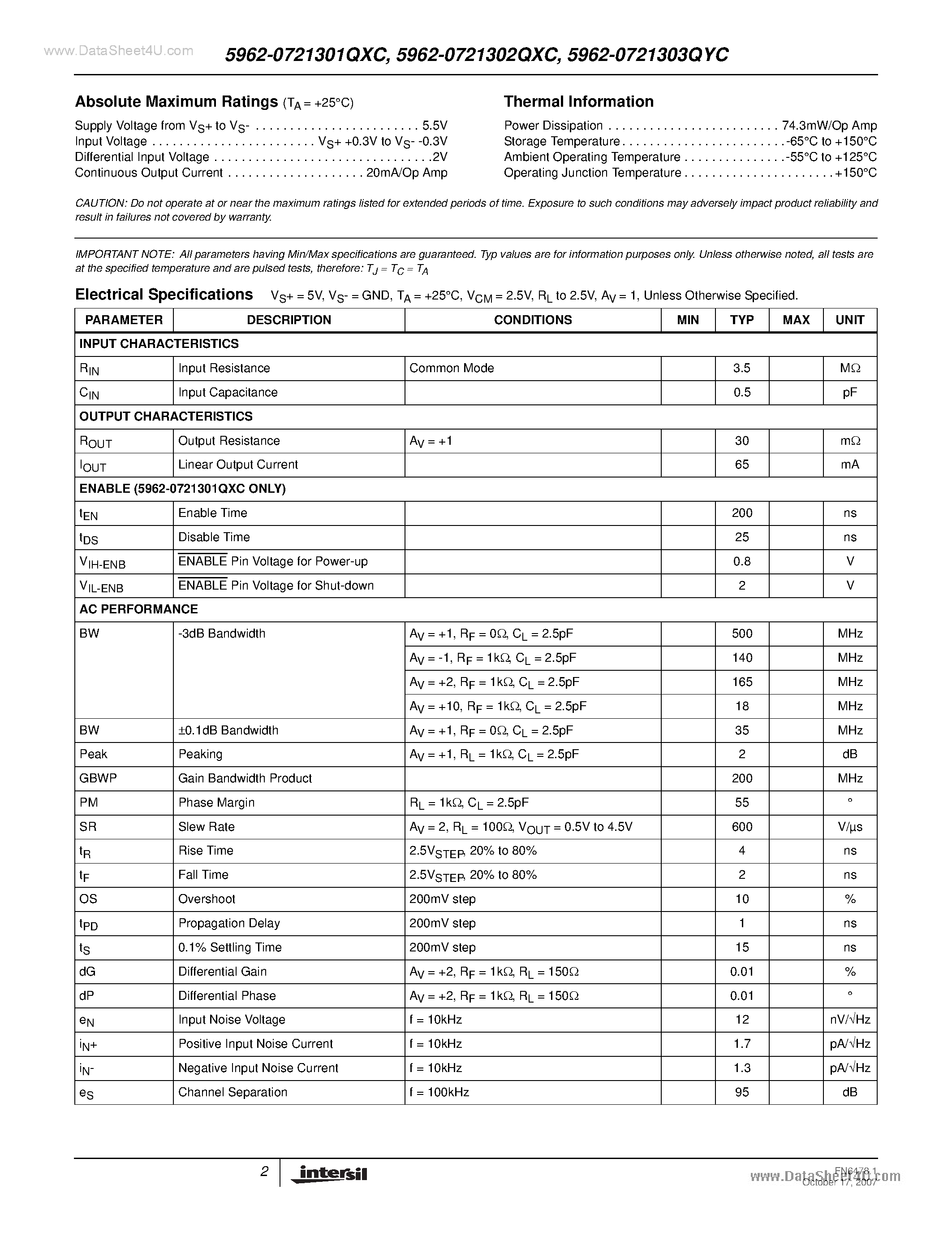 Datasheet 5962-0721301QXC - 500MHz Rail-to-Rail Amplifiers page 2