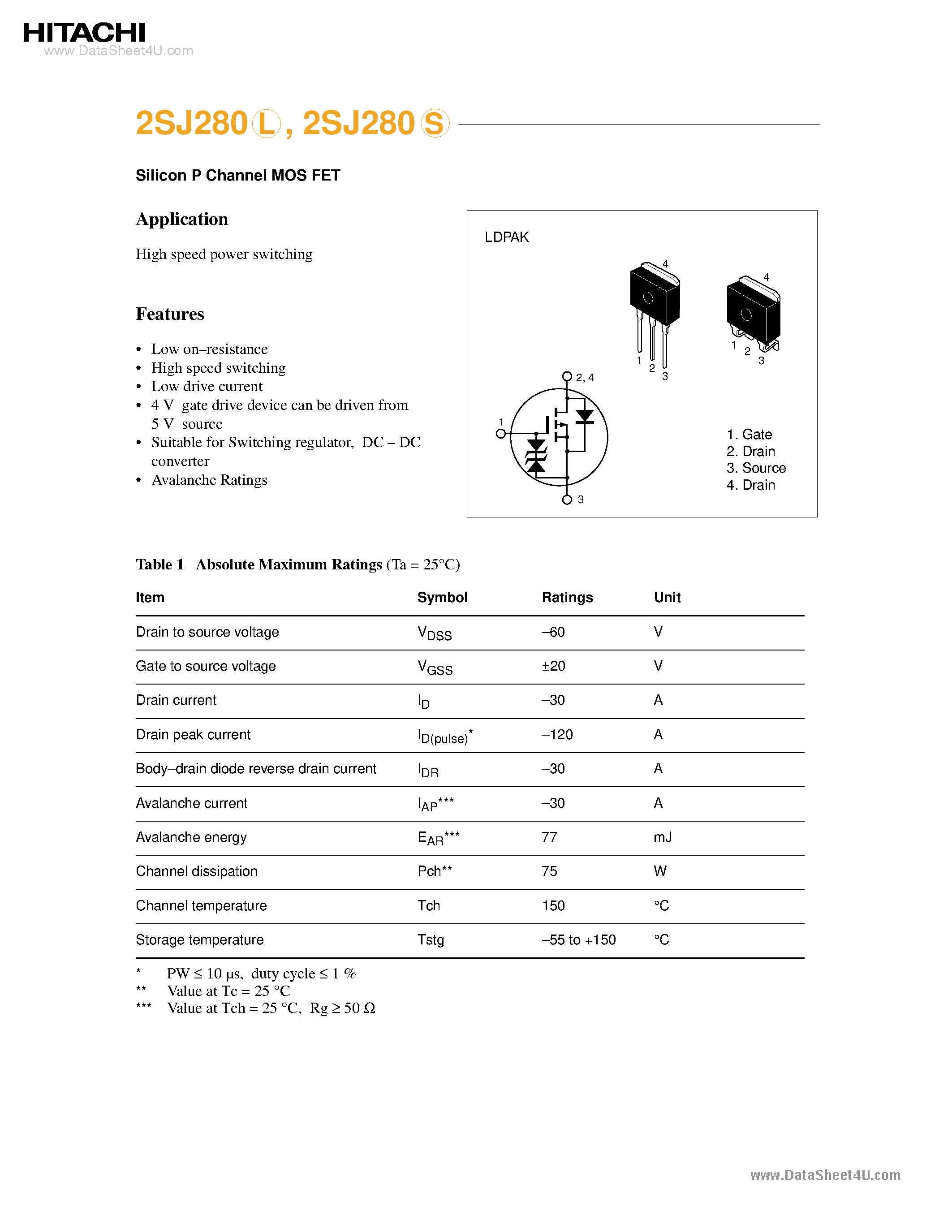 Datasheet 2SJ280 - (2SJ280 / 2SJ290) SILICON P-CHANNEL MOS FET page 1