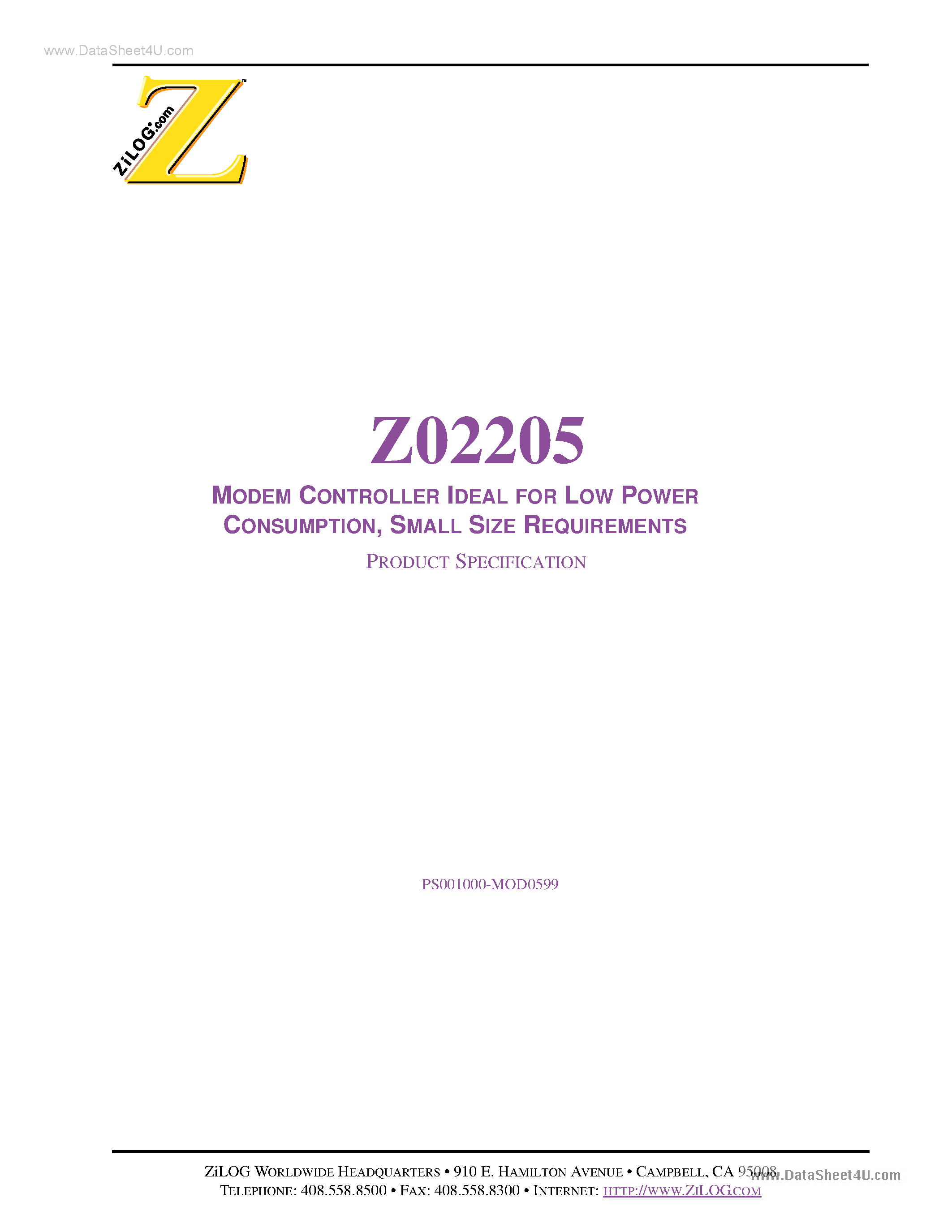 Datasheet Z02205 - MODEM CONTROLLER IDEAL page 1