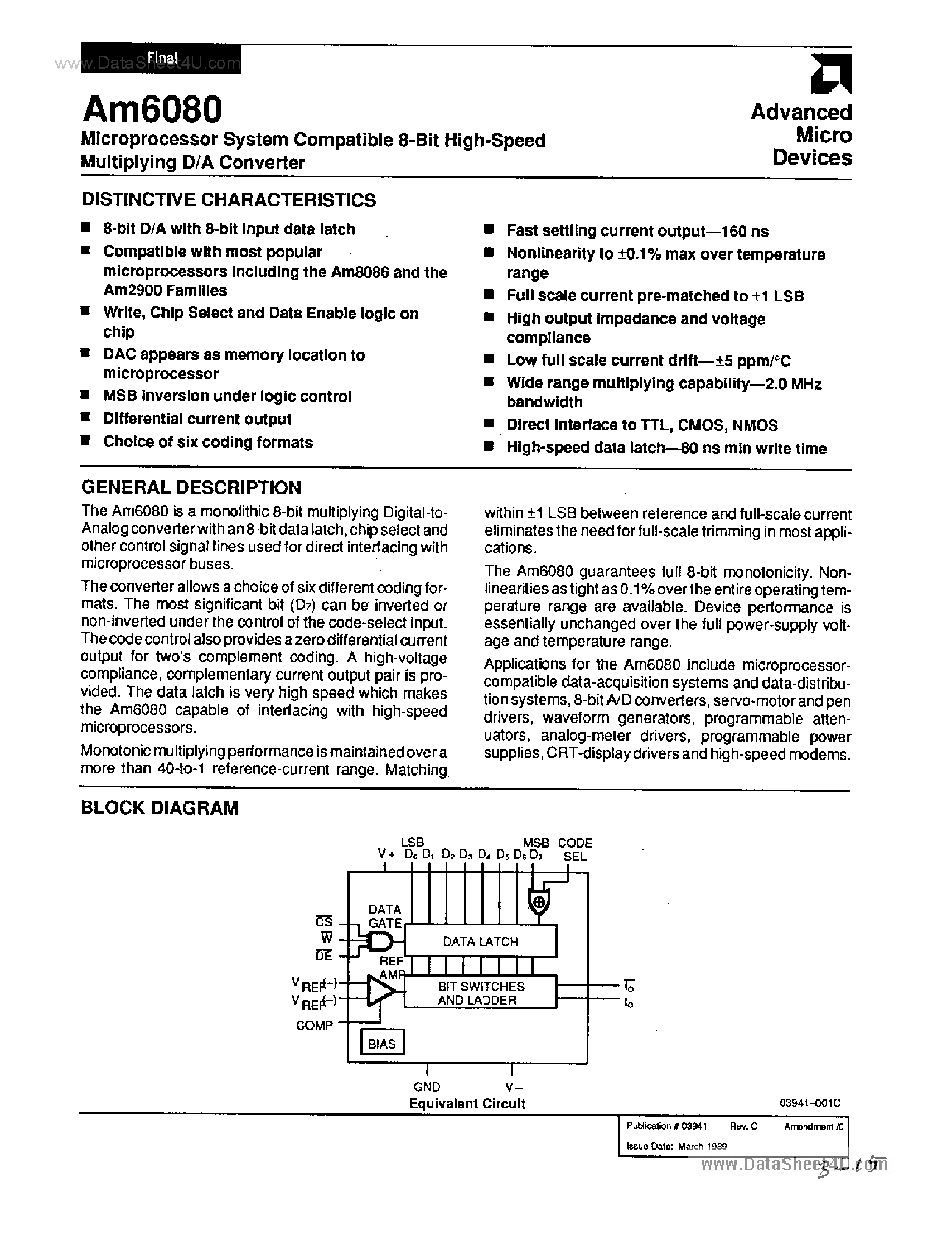 Datasheet AM6080 - Microprocessor System Compatible 8-Bit High Speed Multiplying D/A Converter page 1