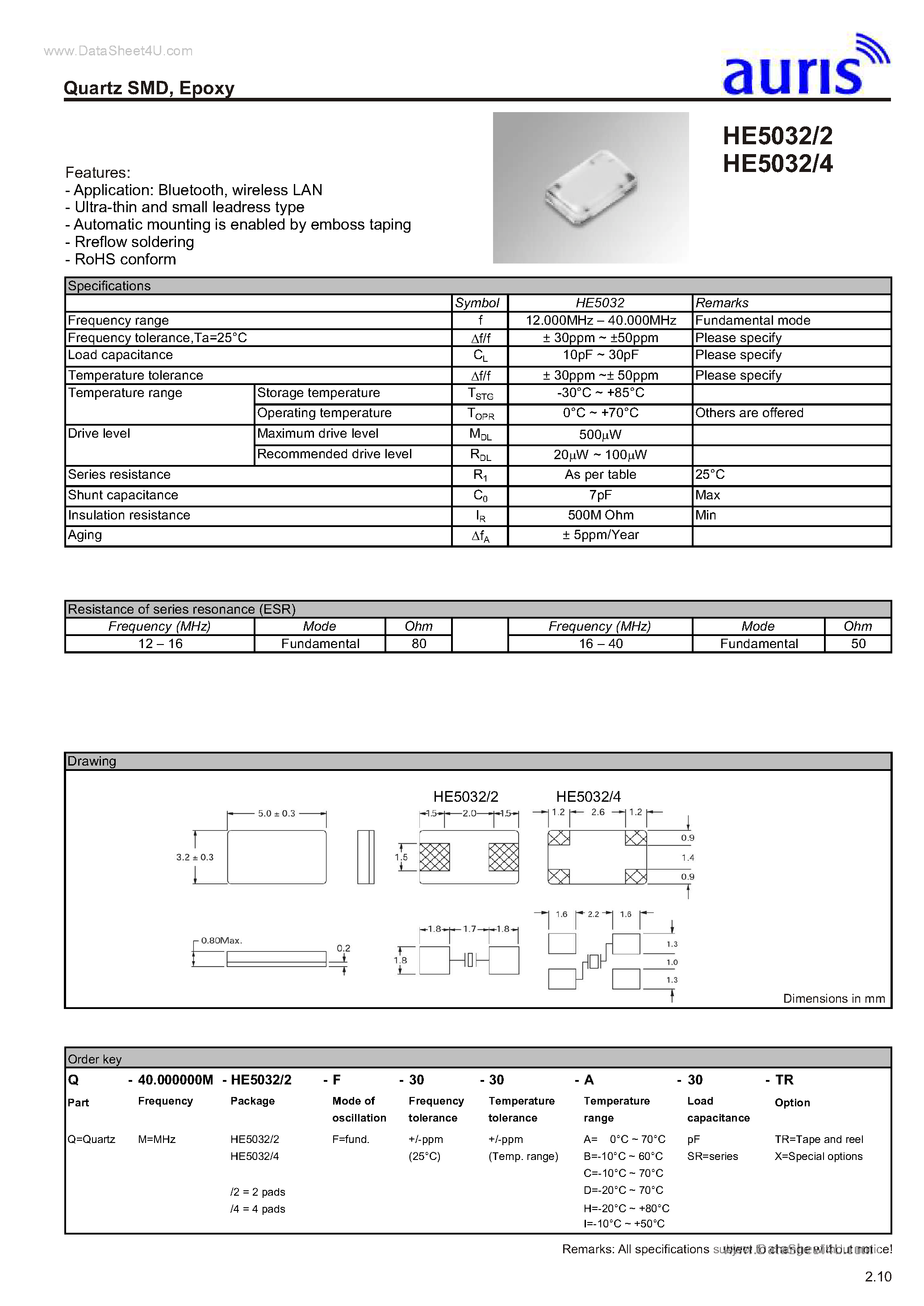 Datasheet HE5032/2 - (HE5032/2 / HE5032/4) Quartz SMD page 1