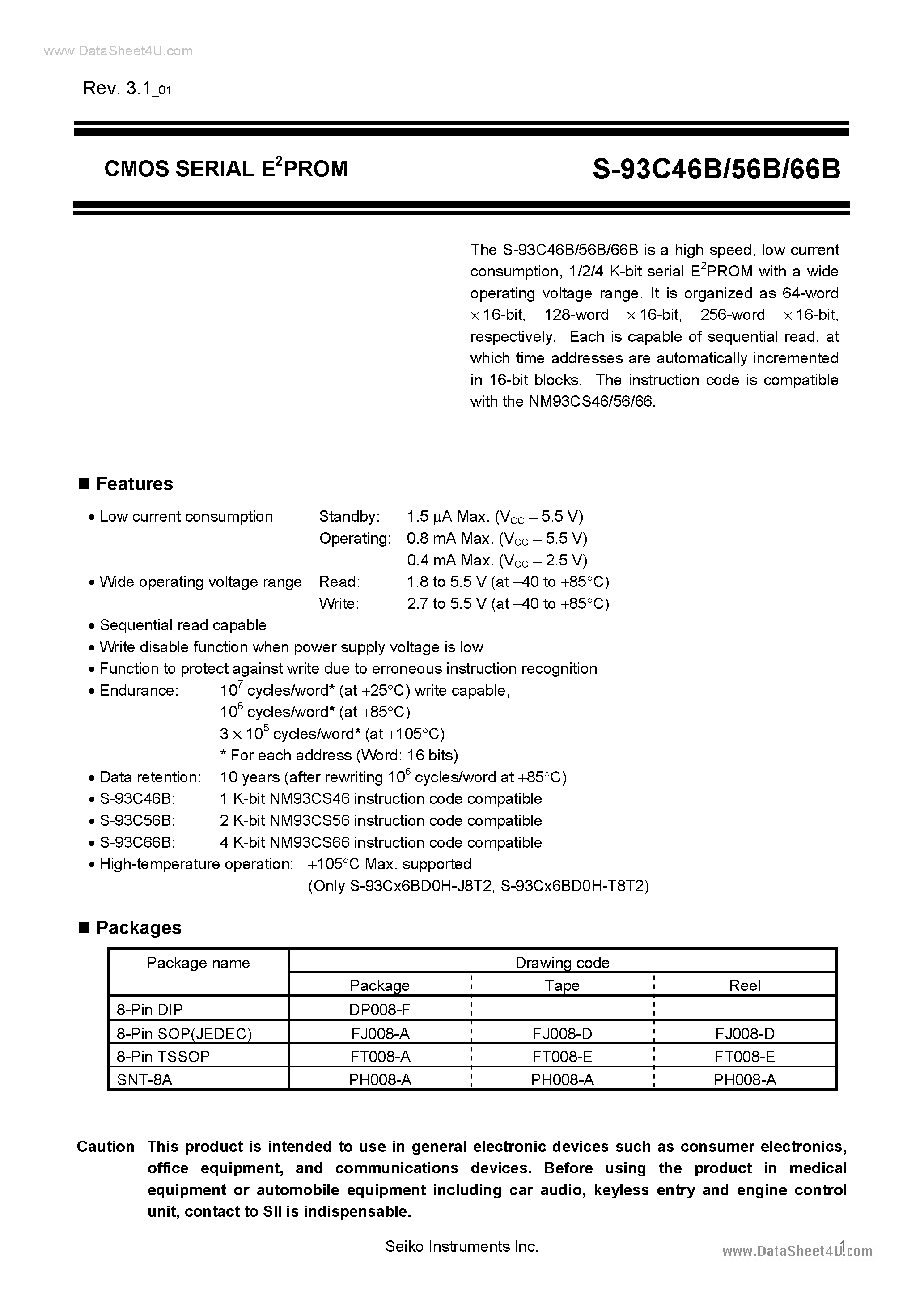 Даташит S-93C46B - (S-93Cx6B) CMOS SERIAL E2PROM страница 1