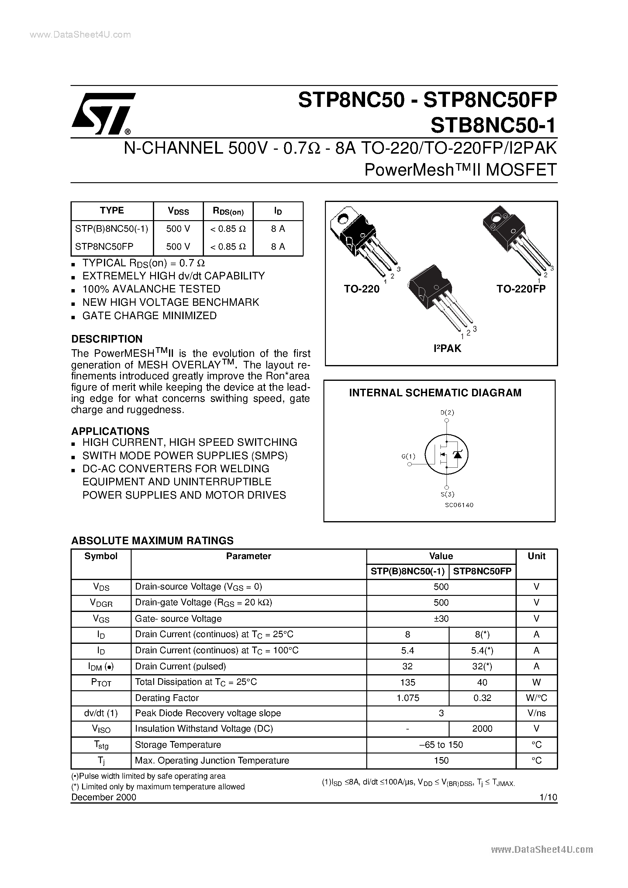 Datasheet P8NC50FP - Search -----> STP8NC50FP page 1