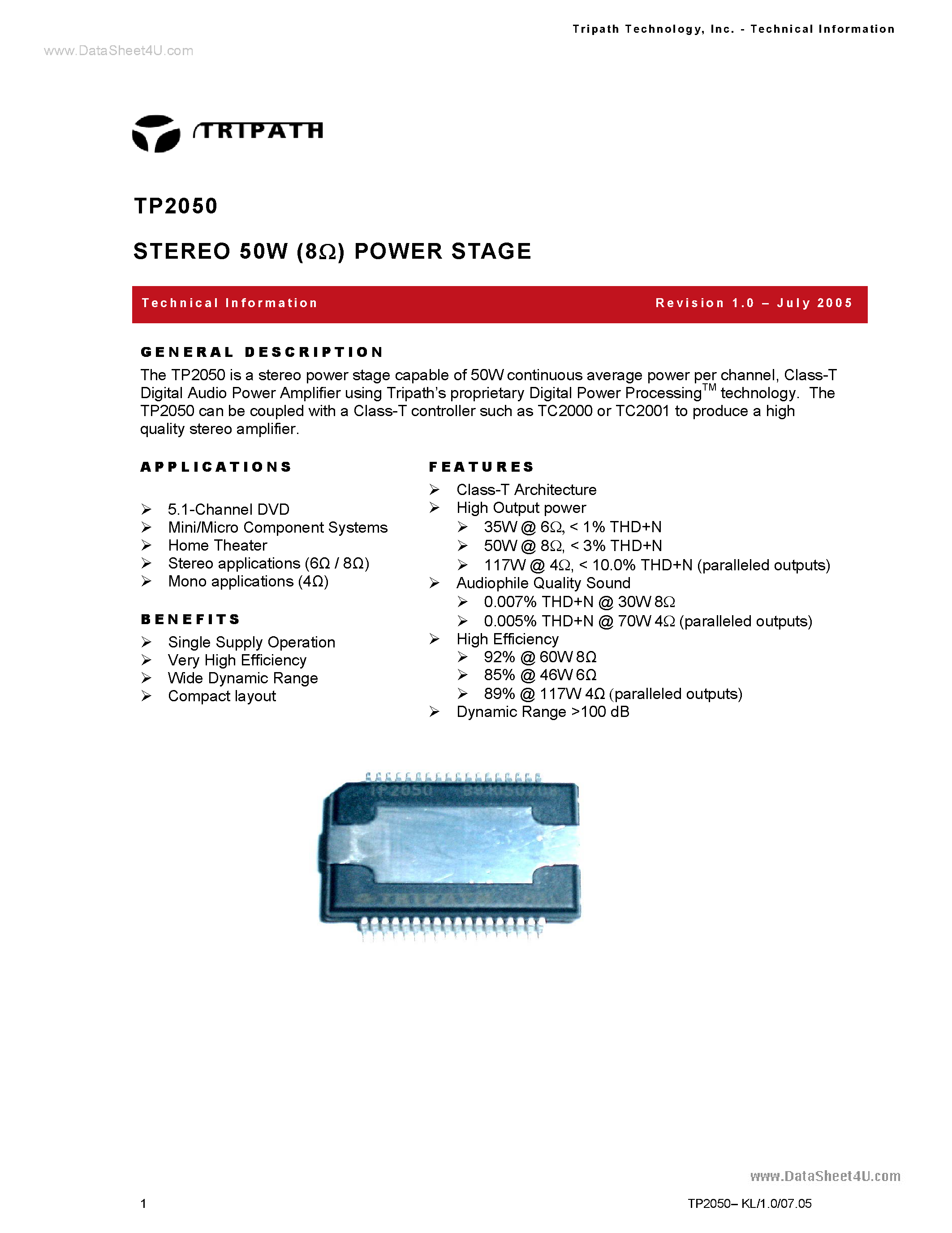 Datasheet TP2050 - STEREO 50W POWER STAGE page 1