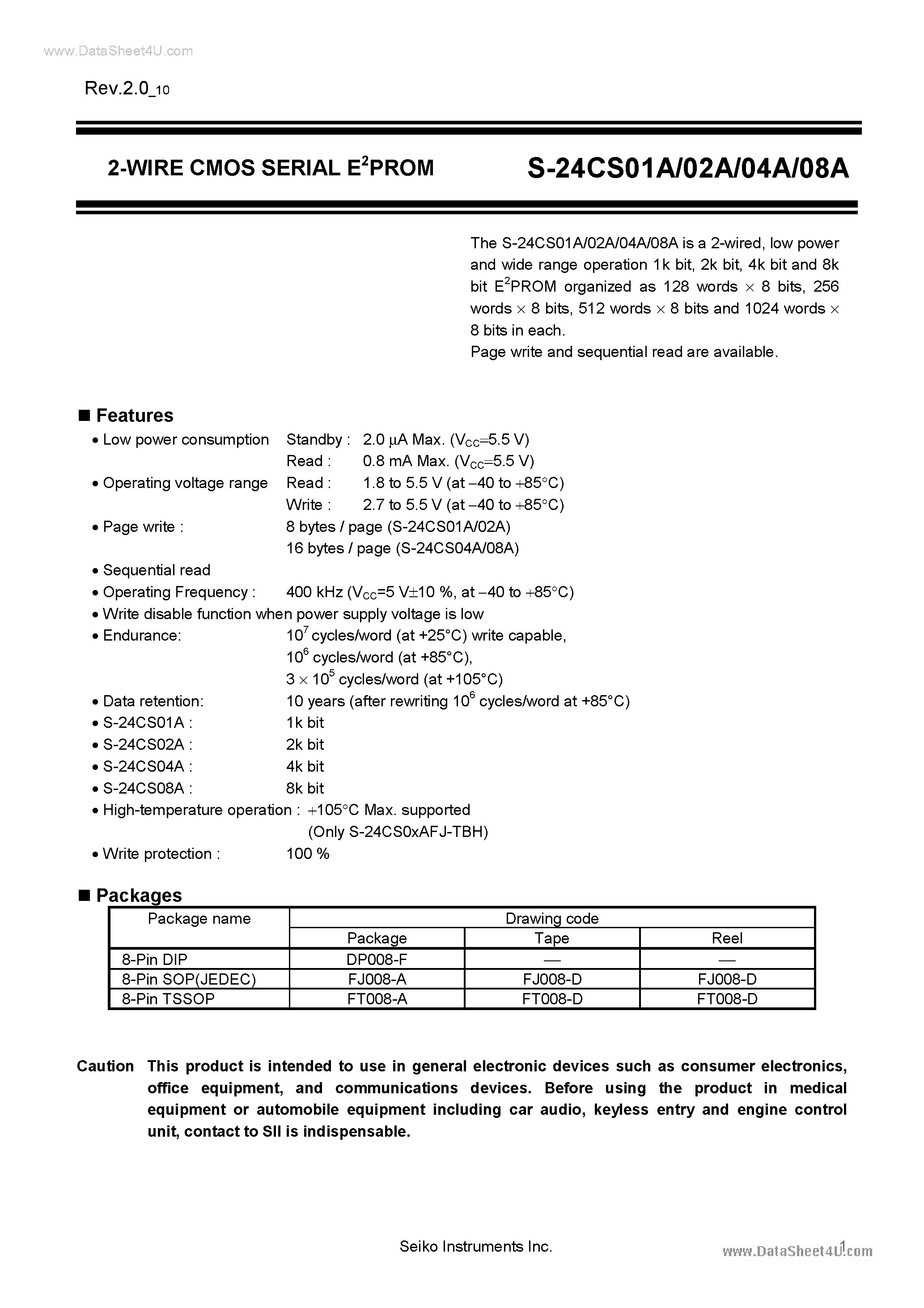 Datasheet S-24CS01A - (S-24CS0xA) 2-Wire CMOS Serial EPROM page 1