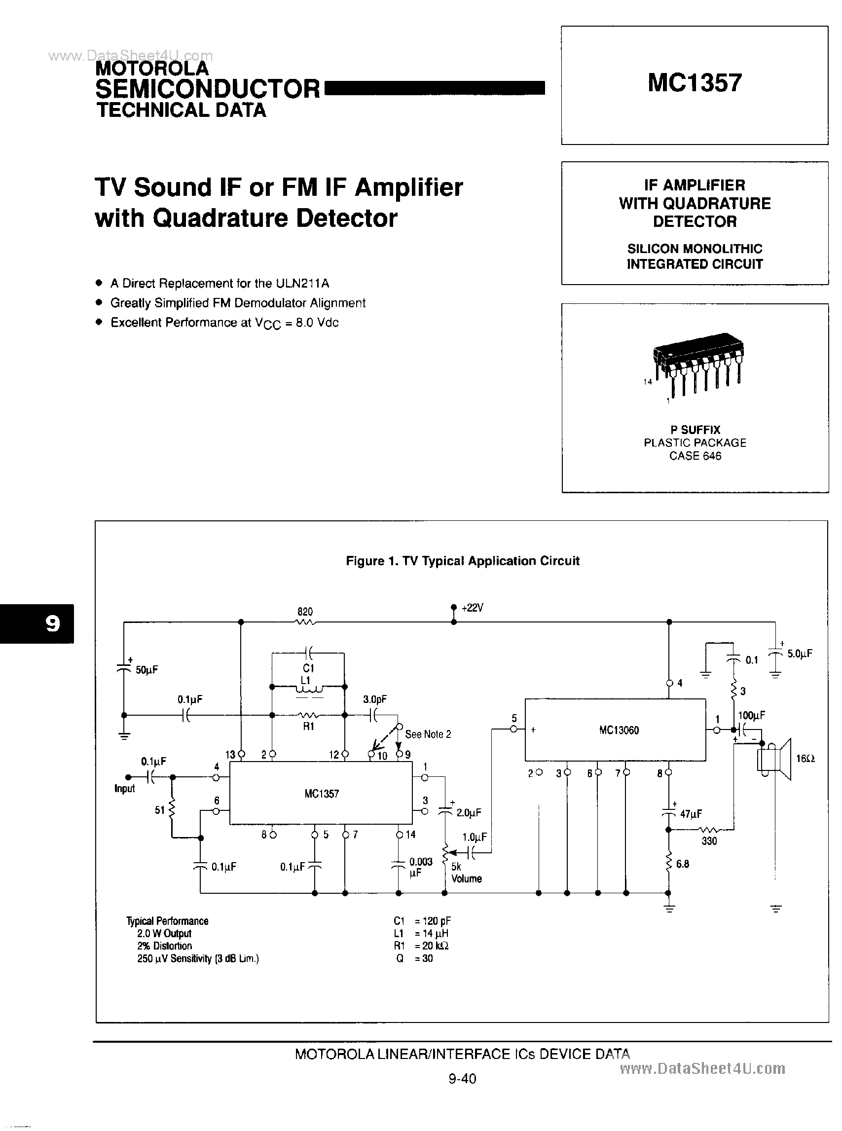 Даташит MC1357 - TV Sound IF or FM IF Amplifier страница 1