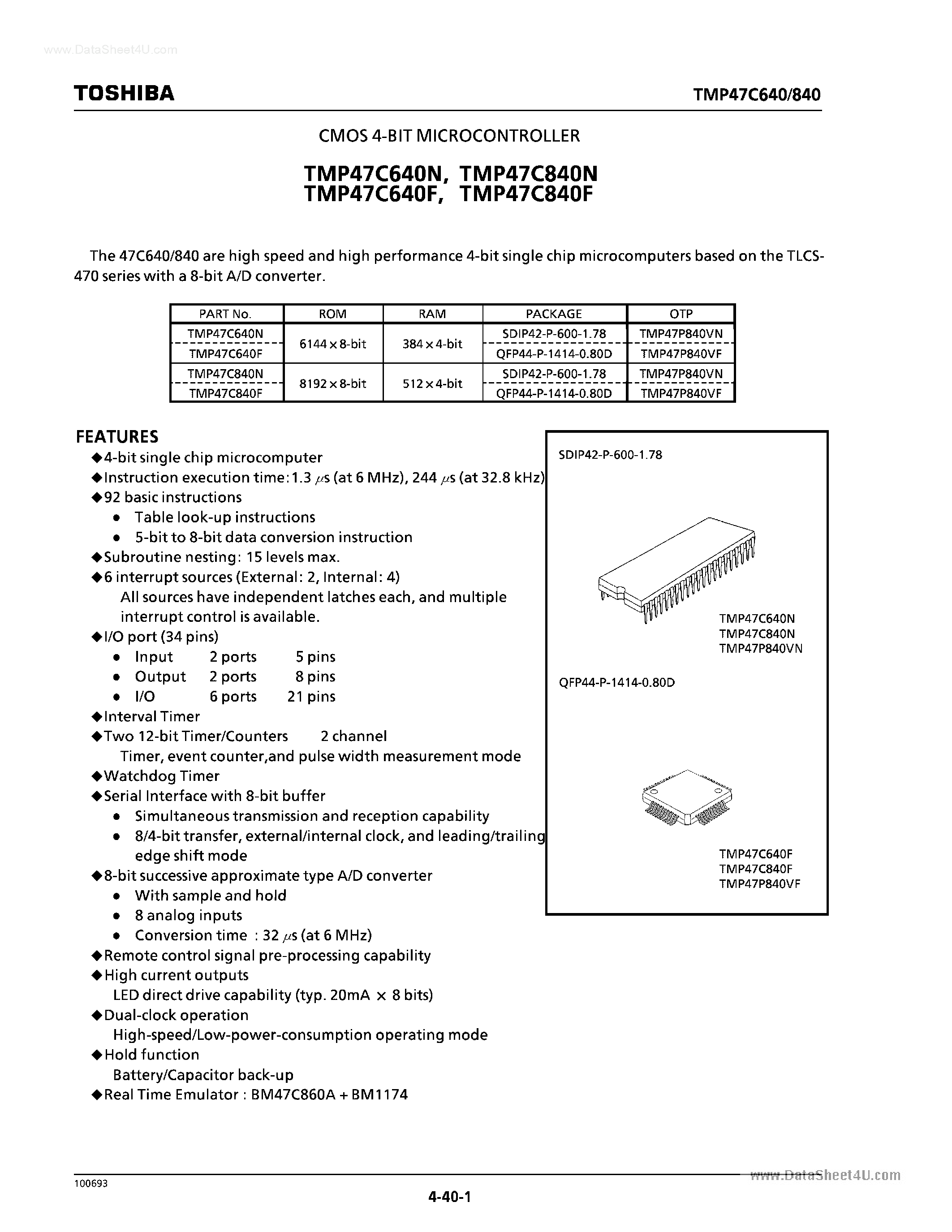 Даташит TMP47C640F - (TMP47C640F / TMP47C840) CMOS 4-bit Microcontroller страница 1