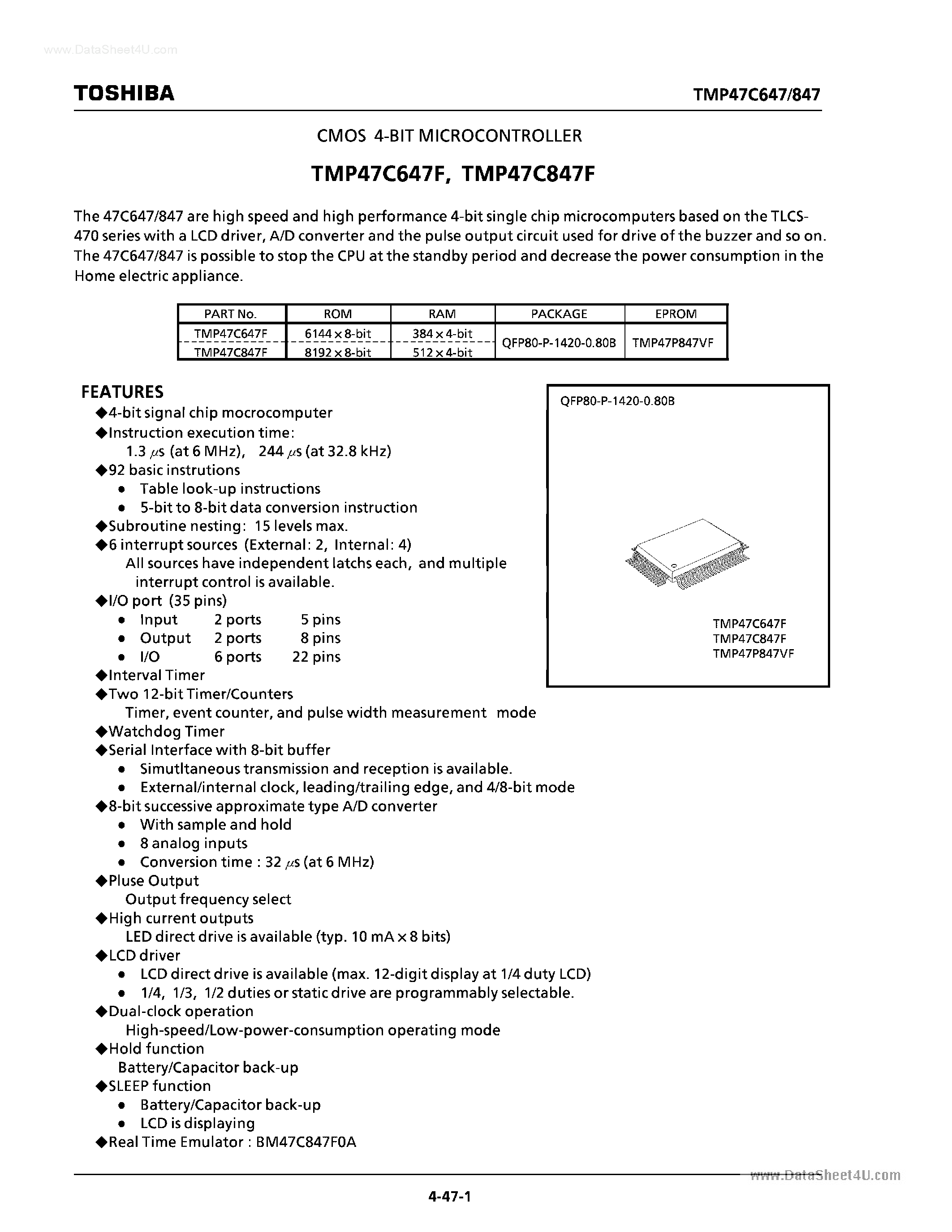 Даташит TMP47C647F - (TMP47C647F / TMP47C847F) CMOS 4-bit Microcontroller страница 1