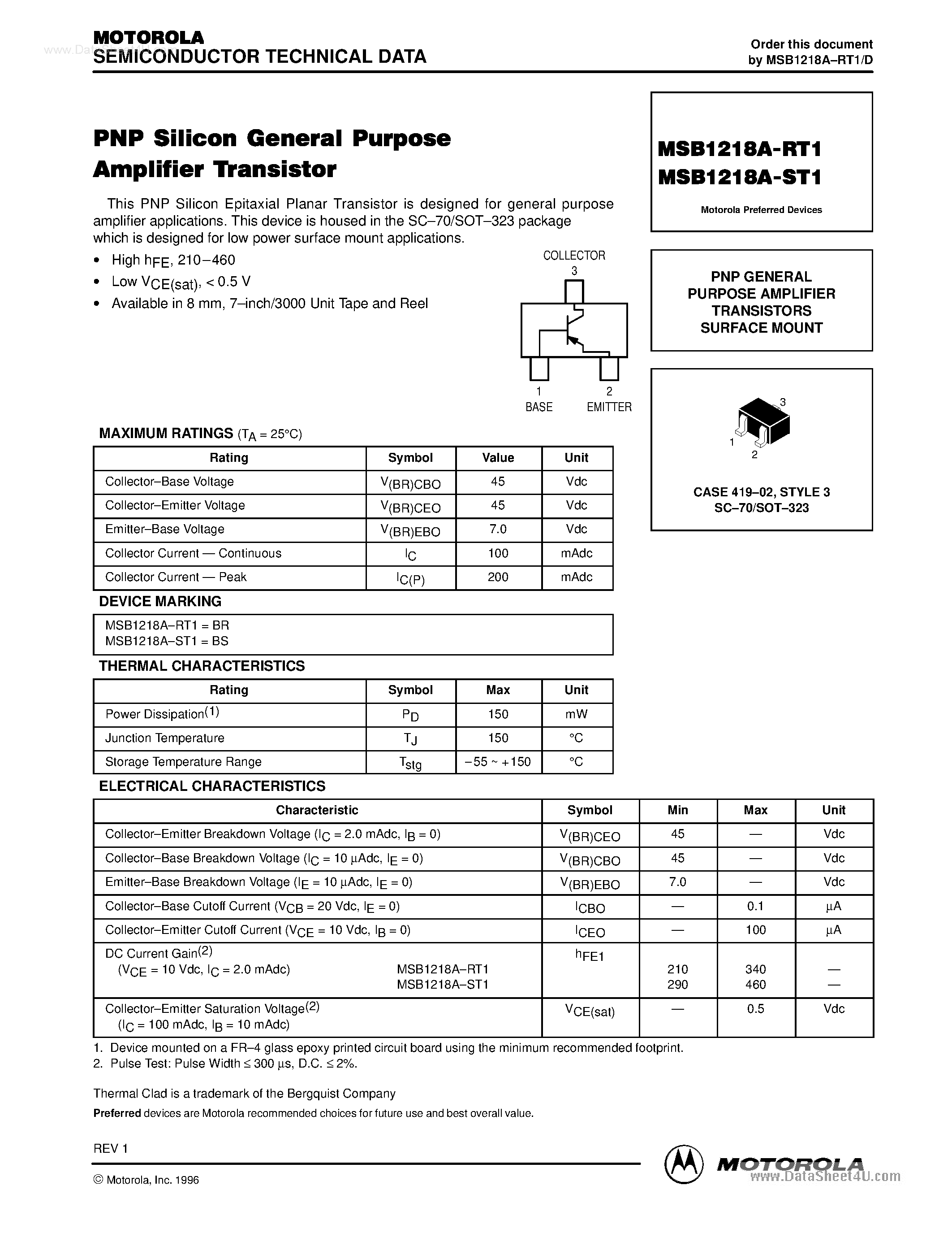 Datasheet MSB1218A-RT1 - PNP GENERAL PURPOSE AMPLIFIER TRANSISTORS SURFACE MOUNT page 1