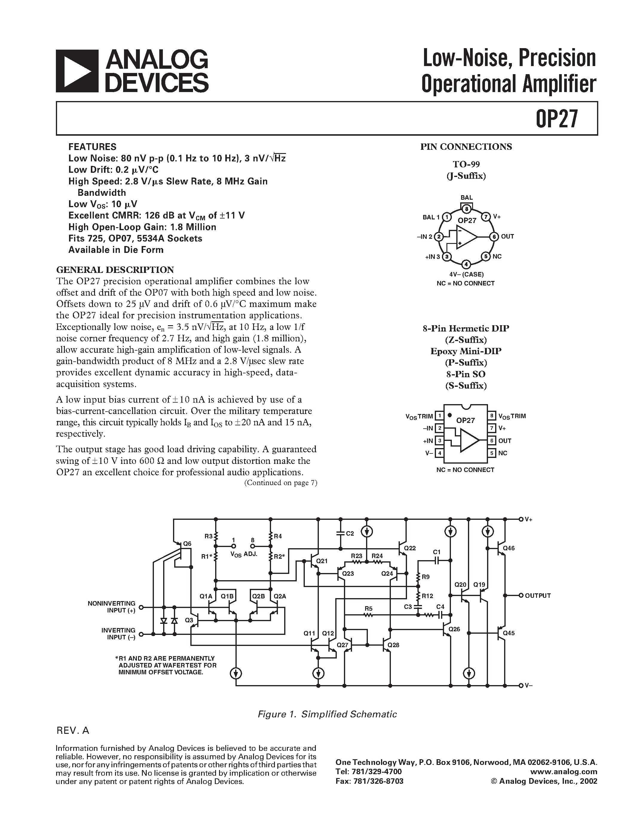 Datasheet OP27 - Low-Noise / Precision Operational Amplifier page 1