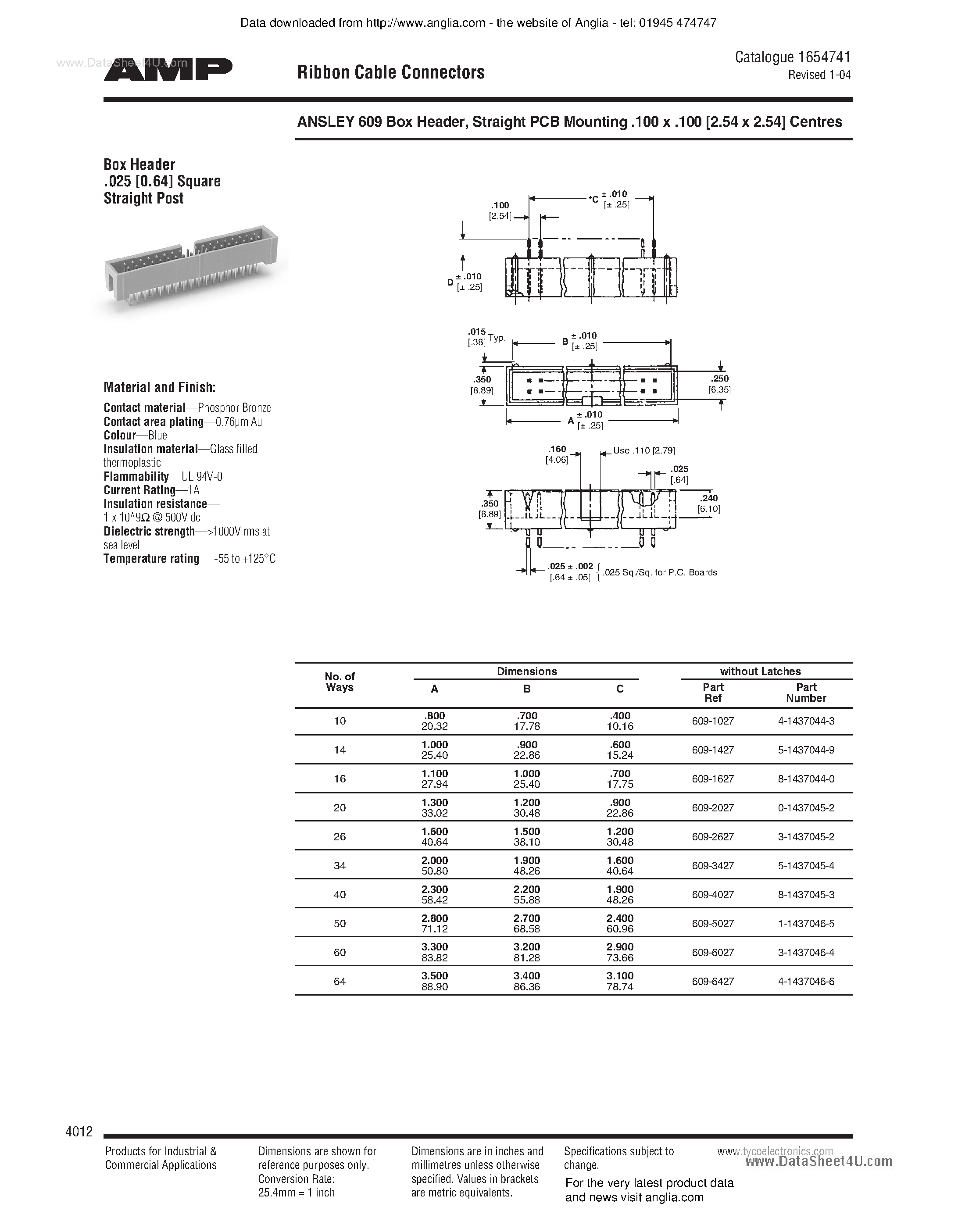 Datasheet 9-1437063-7 - Bibbon Cable Connectors page 1