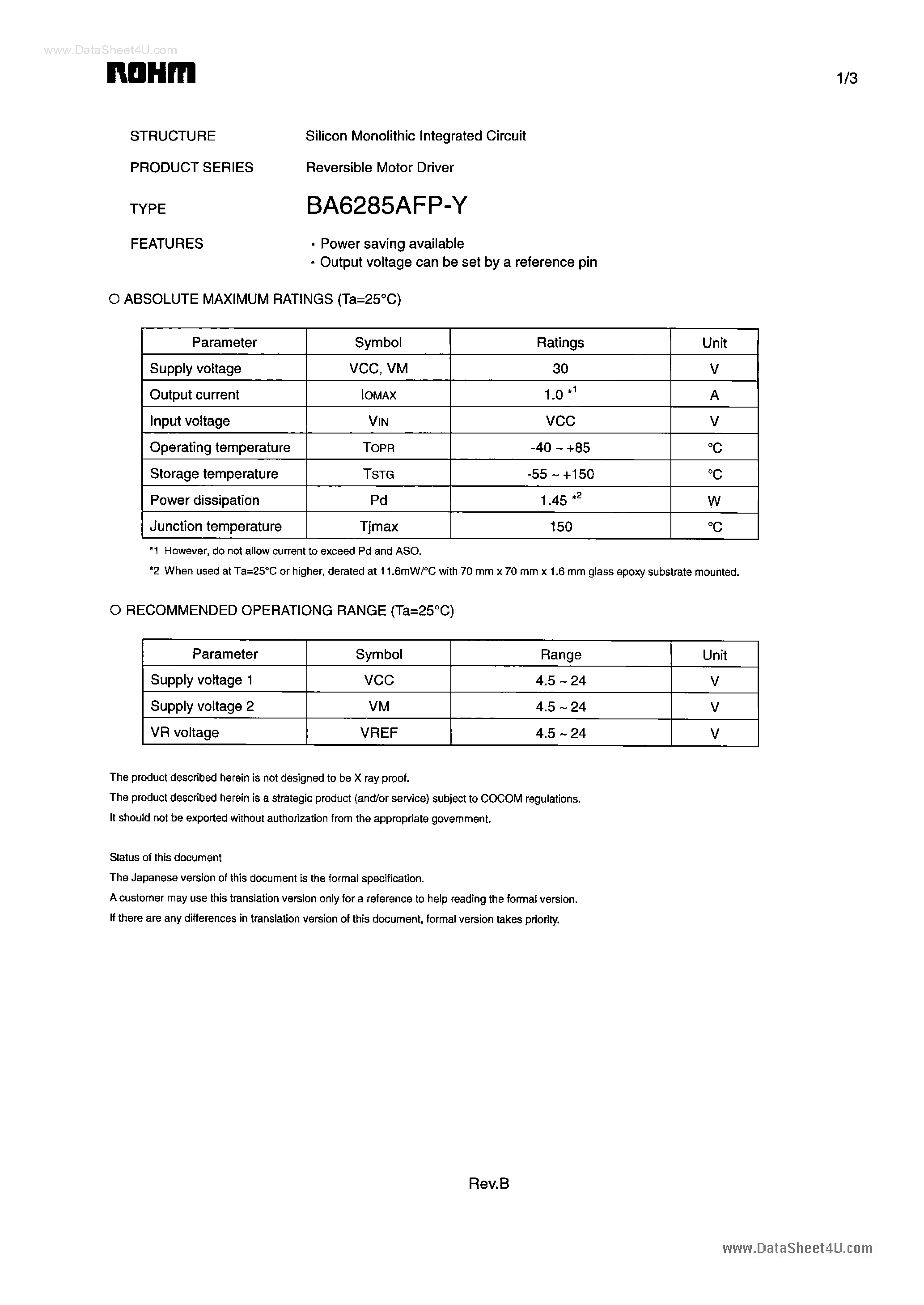 Datasheet BA6285AFP-Y - Reversible Motor Driver page 1