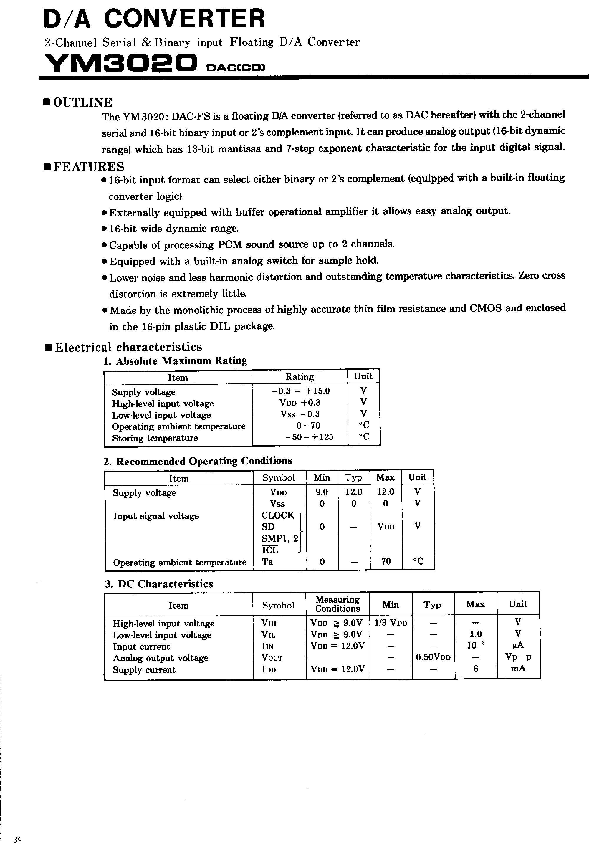 Datasheet YM3020 - D/A Converter page 1