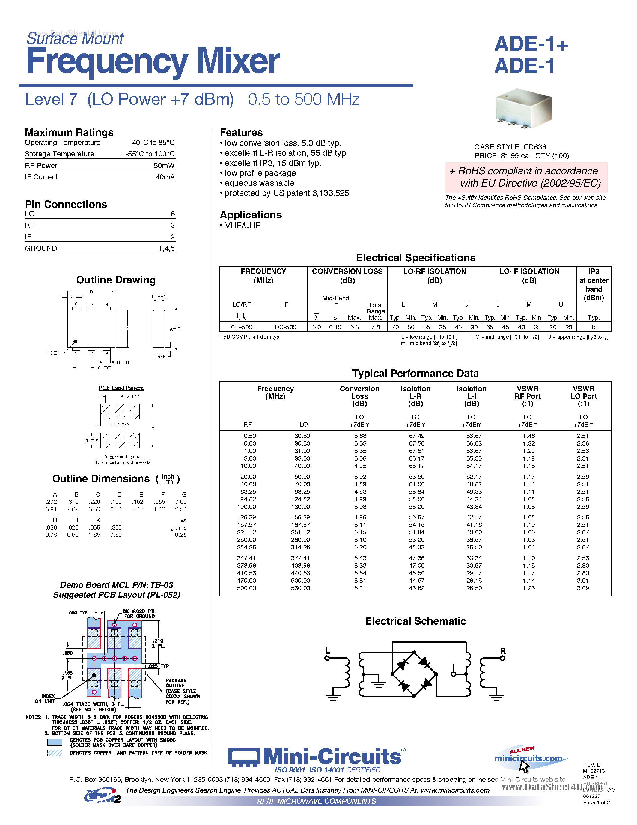 Datasheet ADE-1 - Frequency Mixer page 1