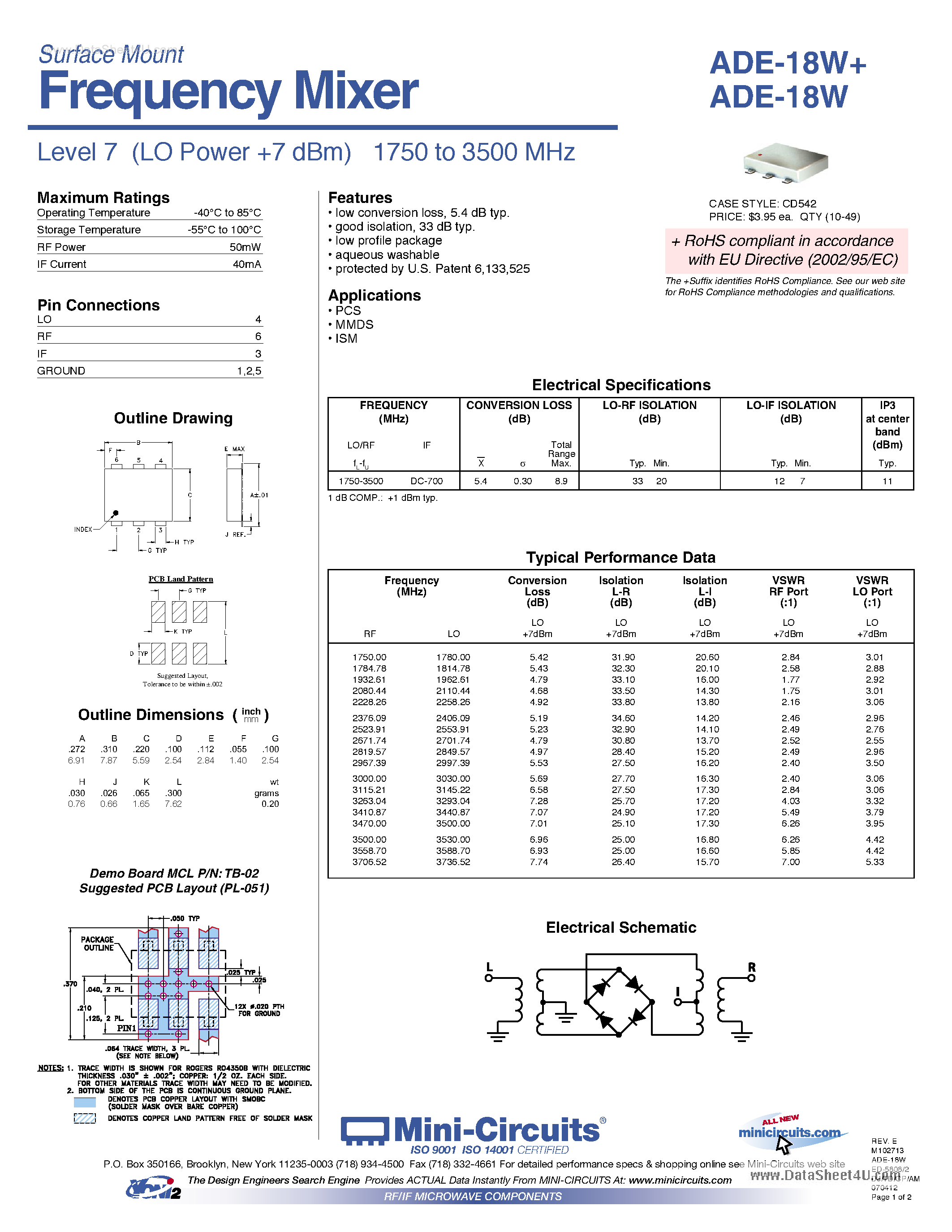 Datasheet ADE-18W - Frequency Mixer page 1