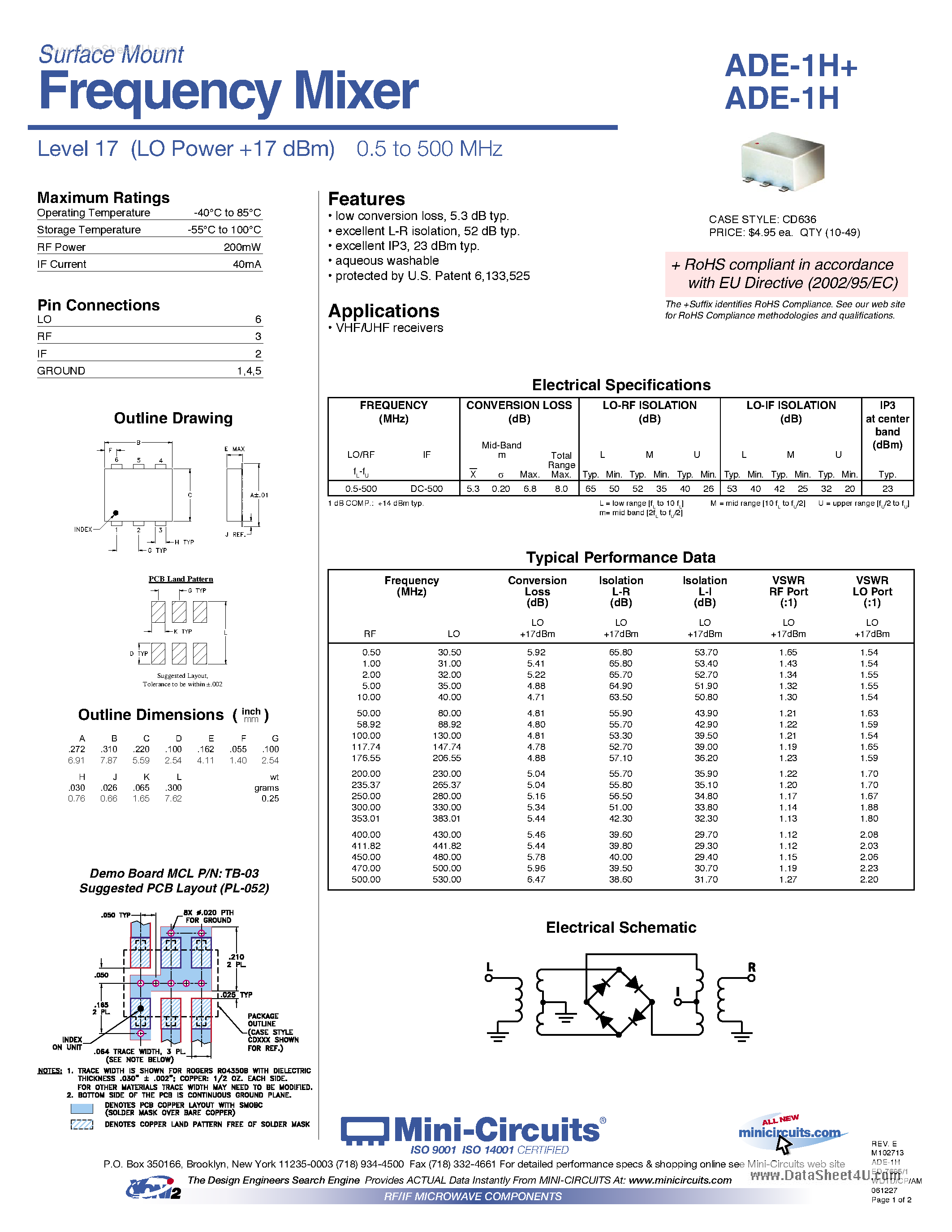 Datasheet ADE-1H - Frequency Mixer page 1