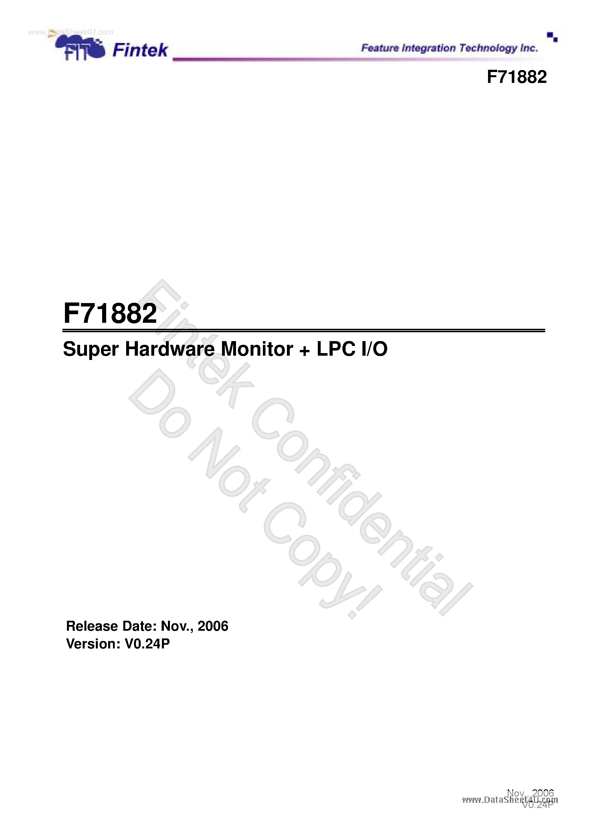 Даташит F71882 - Super Hardware Monitor страница 1