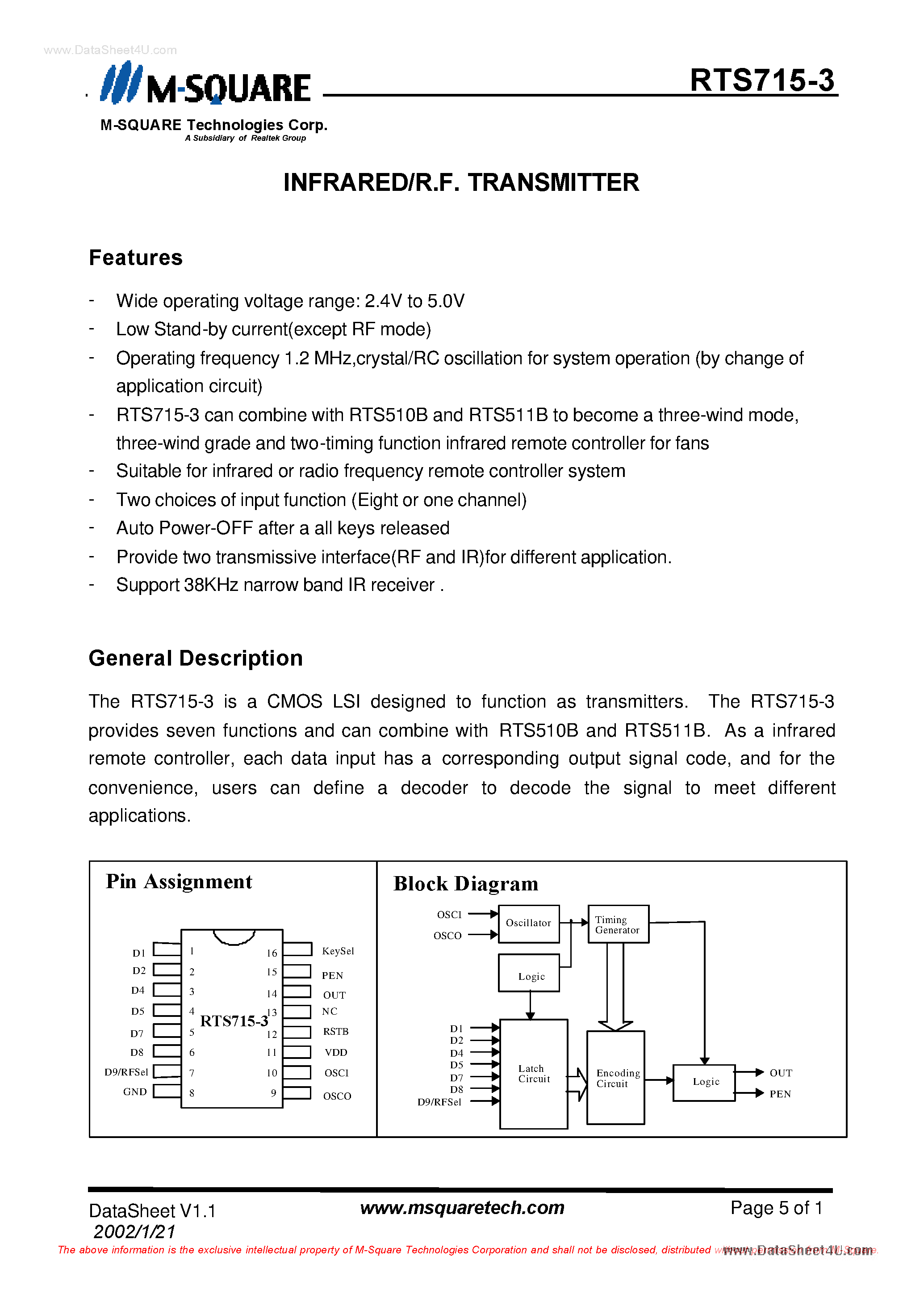 Datasheet RTS715-3 - Infrared/R.F Transmitter page 1
