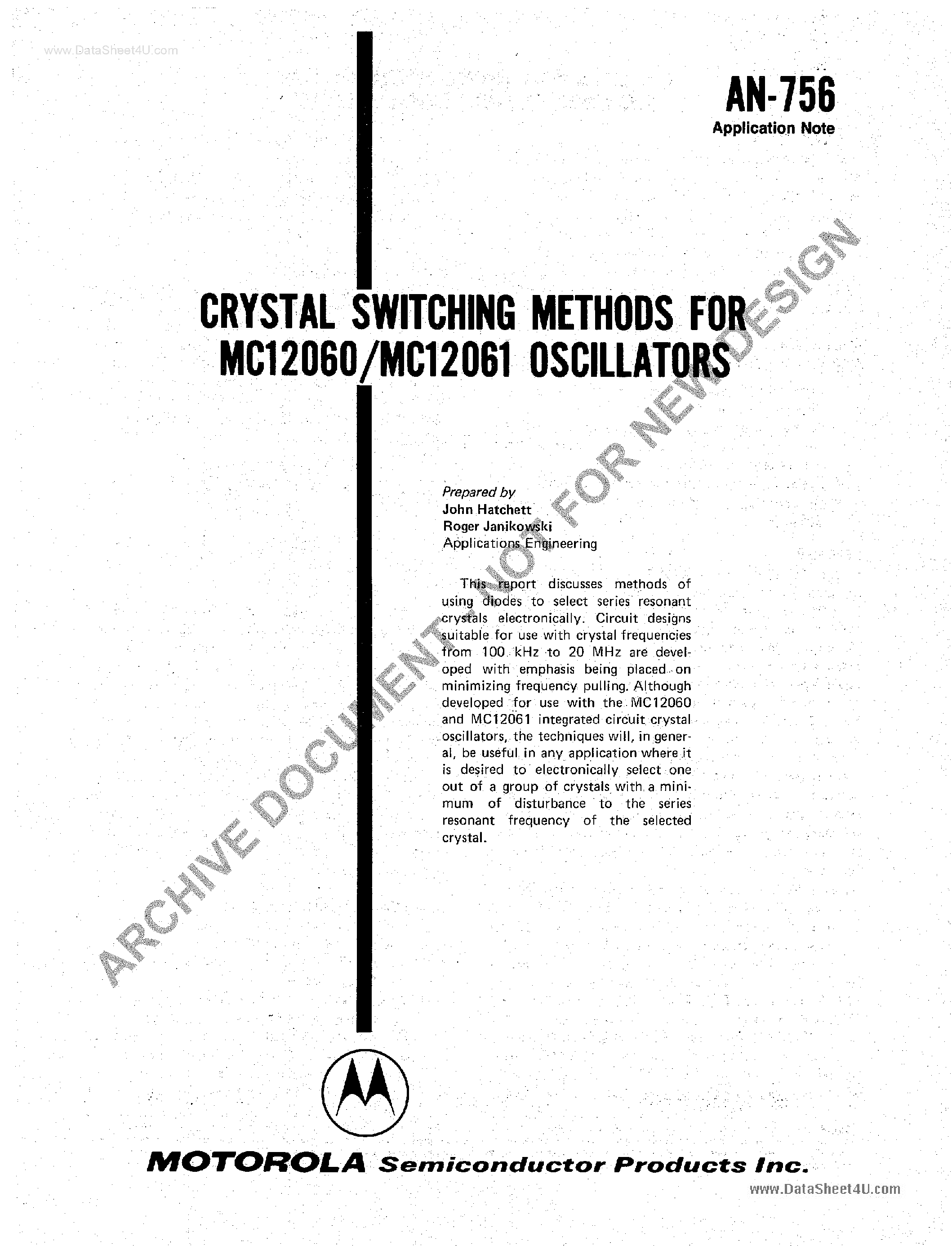 Datasheet MC12060 - (MC12060 / MC12061) Crystal Switching Methods page 1