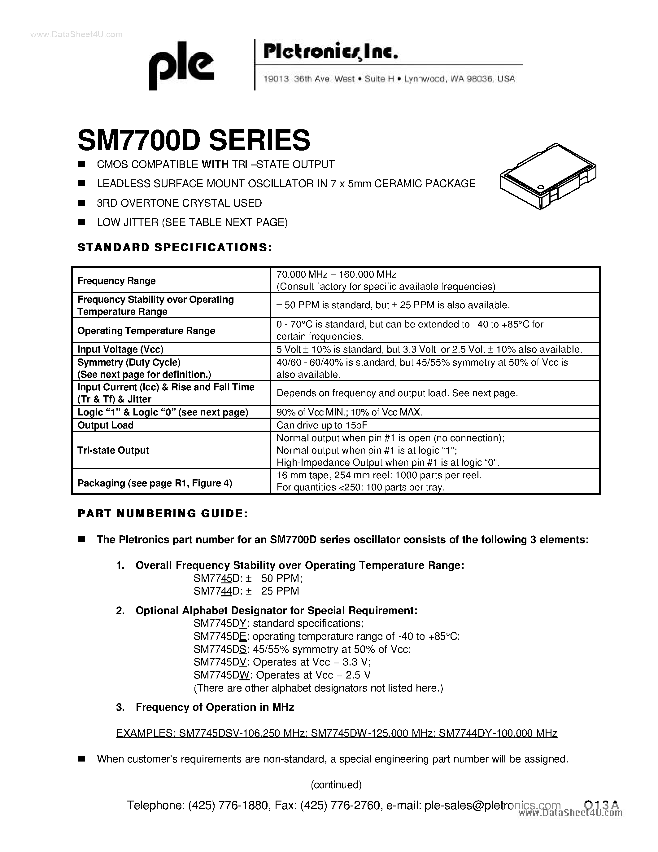 Datasheet SM7744D - (SM7700D Series) CMOS Clock Oscillators page 1