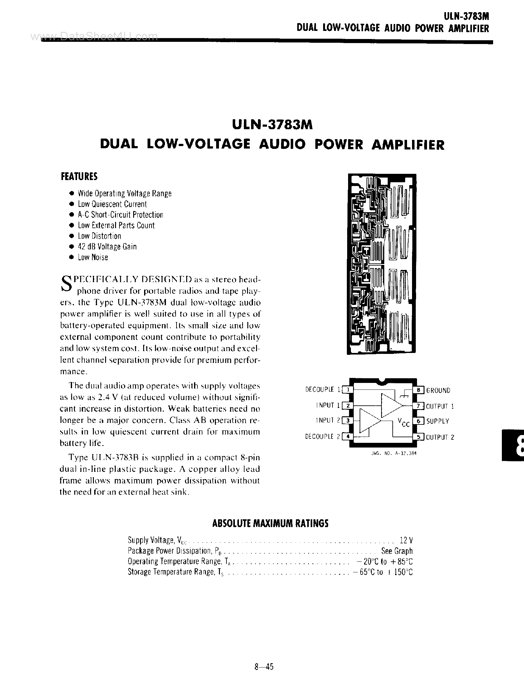 Даташит ULN-3783M - Dual Low Voltage Audio Power Amplifier страница 1