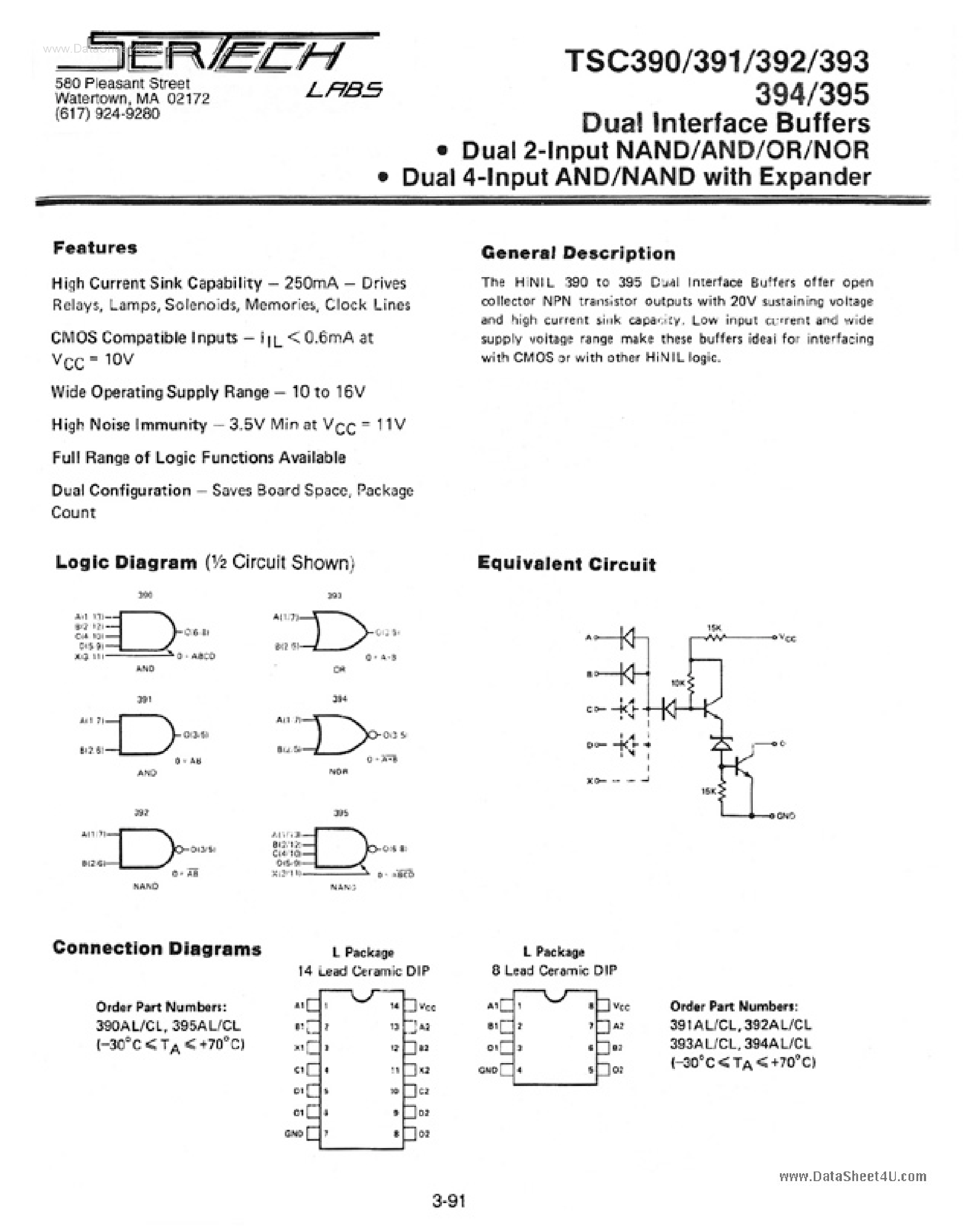 Даташит TC390 - (TC390 - TC395) DUAL INTERFACE BUFFERS / DUAL 2-INPUT NAND/AND/OR/NOR / DUAL 4-INPUT AND/NAND страница 1