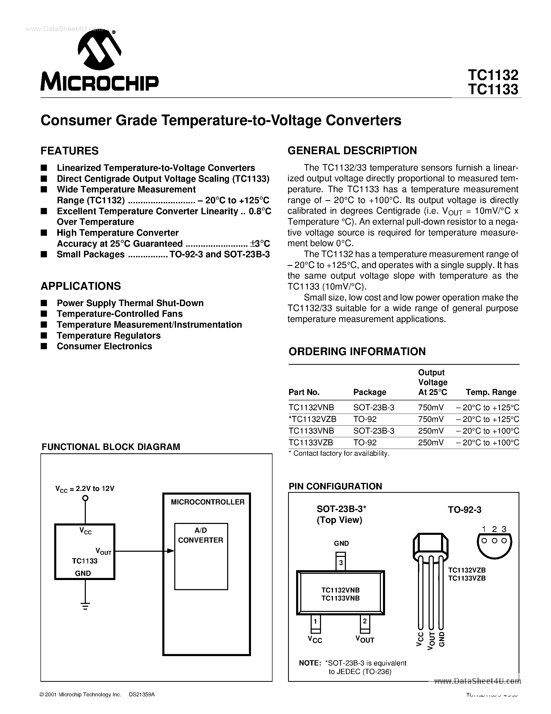 Даташит TC1132 - (TC1132 / TC1133) Consumer Grade Temperature to Voltage Converters страница 1