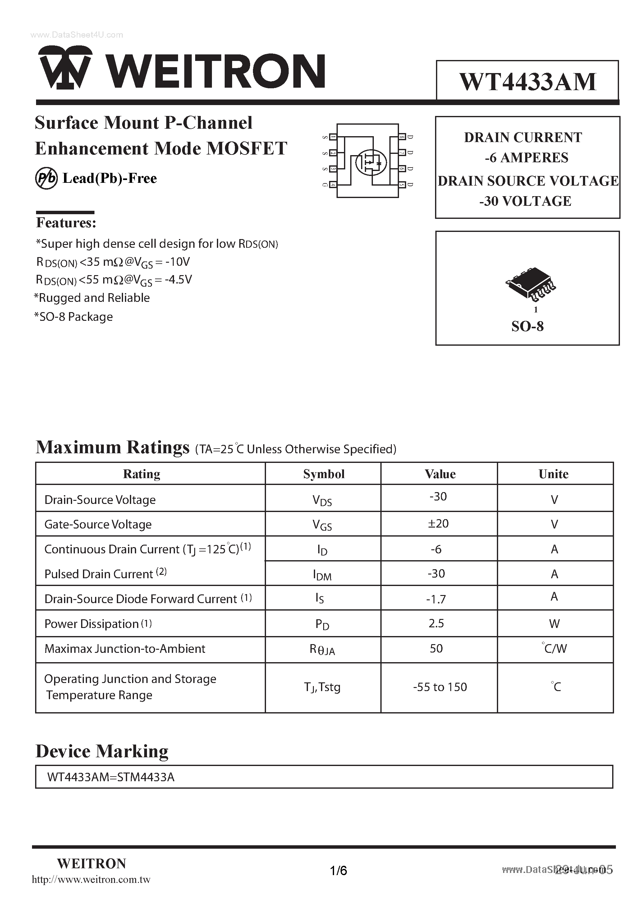 Даташит WT4433AM - Surface Mount P-Channel Enhancement Mode MOSFET страница 1