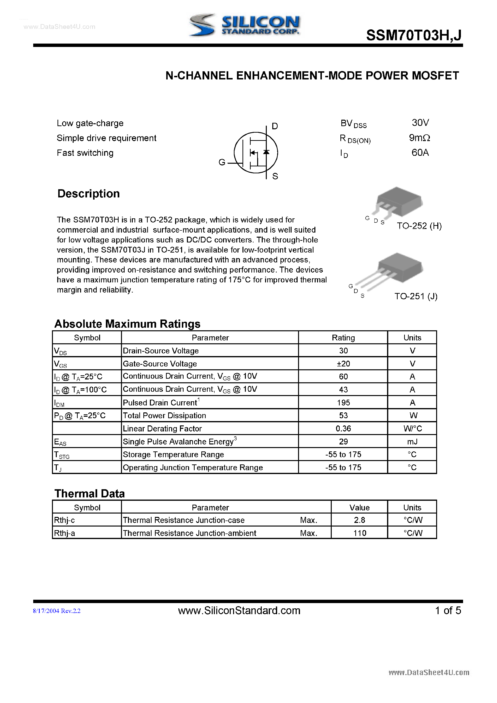 Datasheet 70T03H - Search -----> SSM70T03H page 1