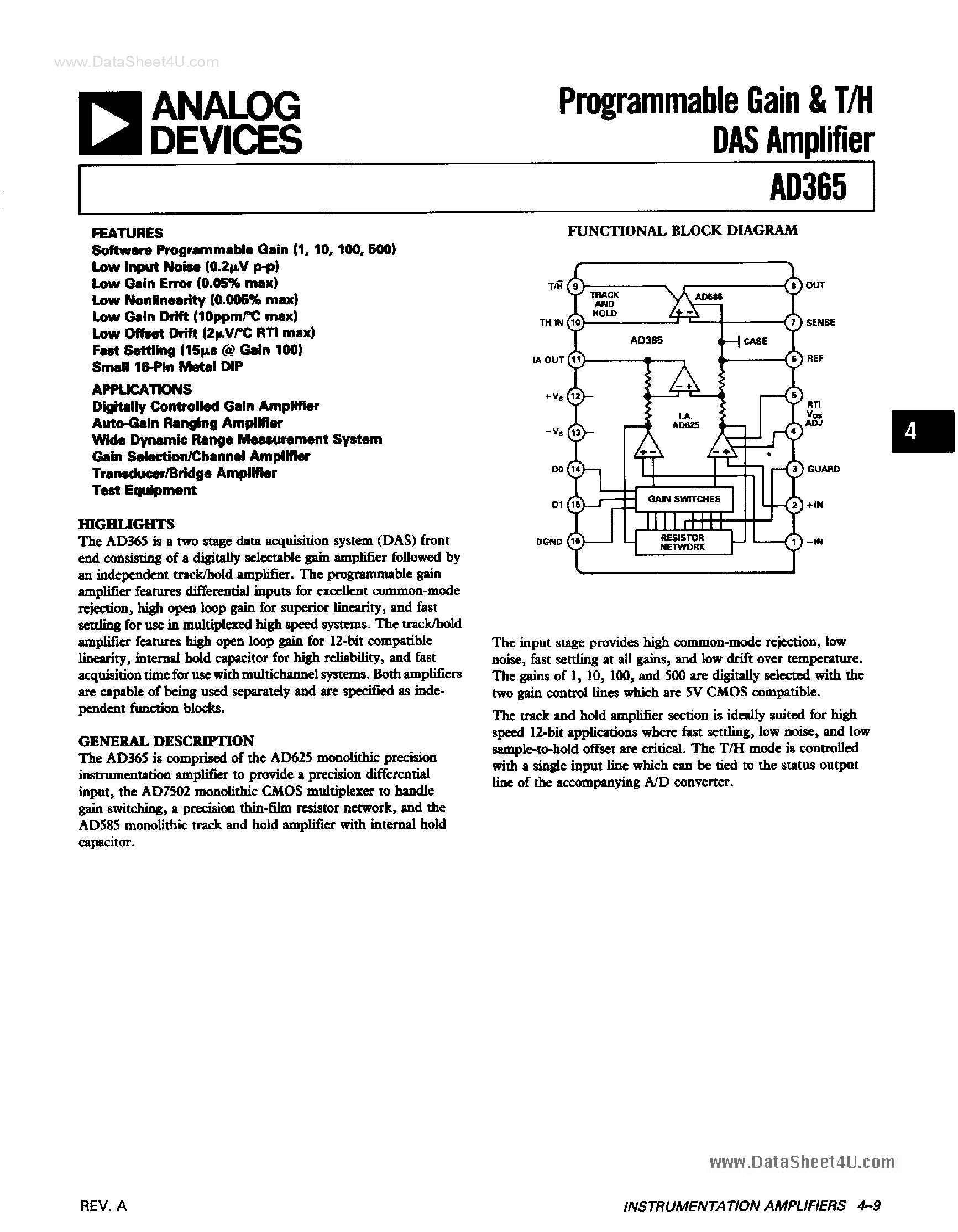 Datasheet AD365 - Programmable Gain and T/H DAS Amplifier page 1