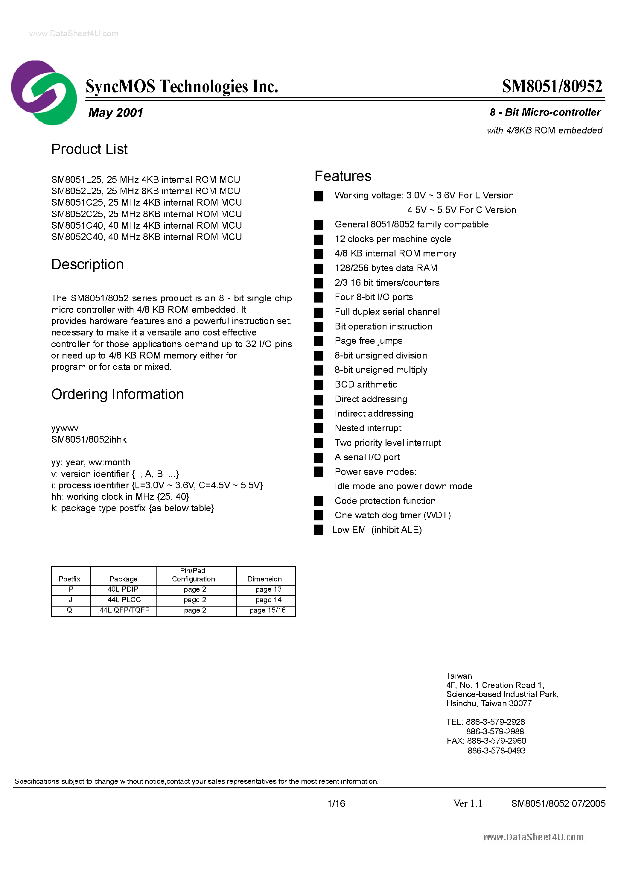Datasheet SM8051 - (SM8051 / SM8052) 8-Bit Micro-controller page 1