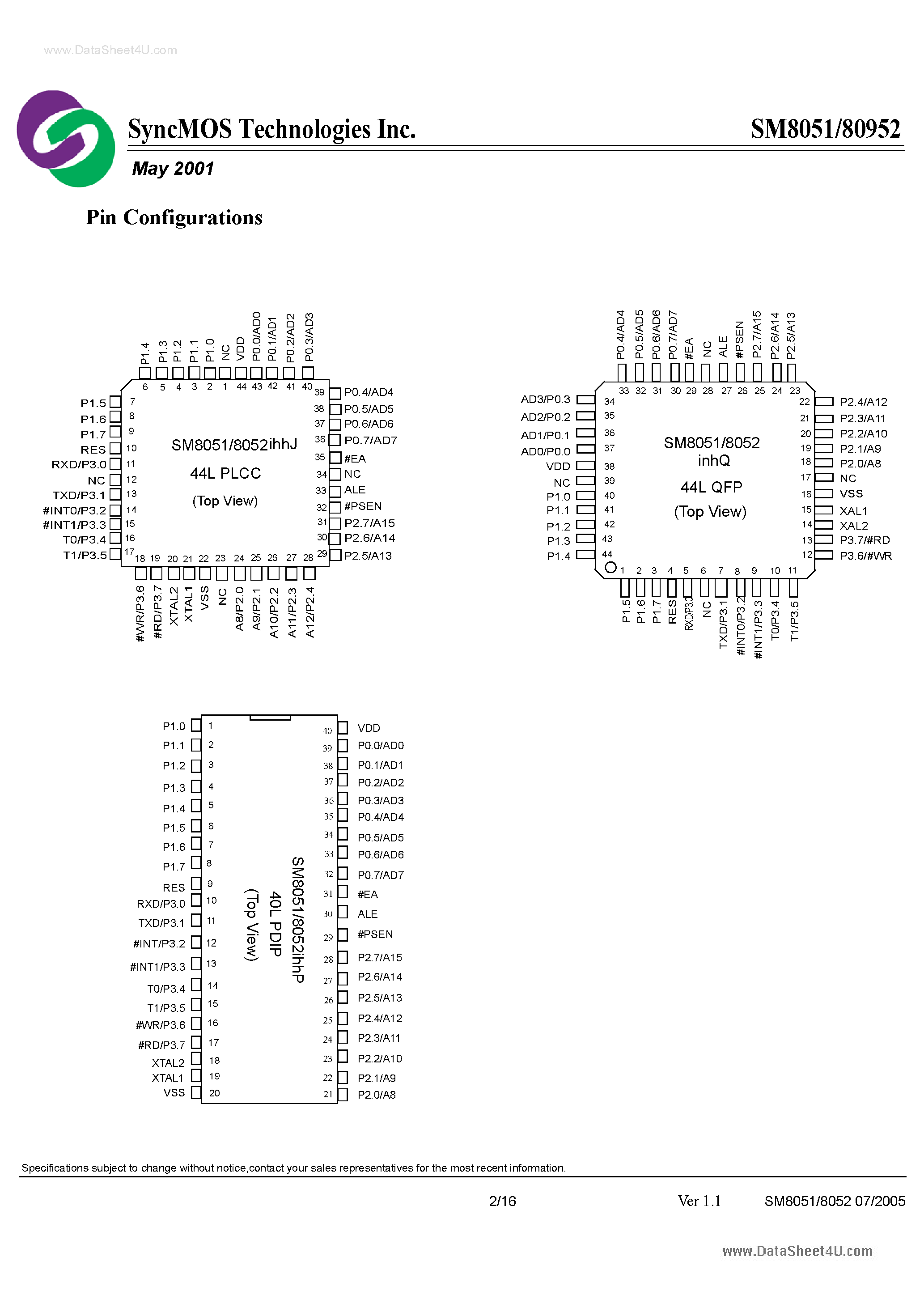 Datasheet SM8051 - (SM8051 / SM8052) 8-Bit Micro-controller page 2