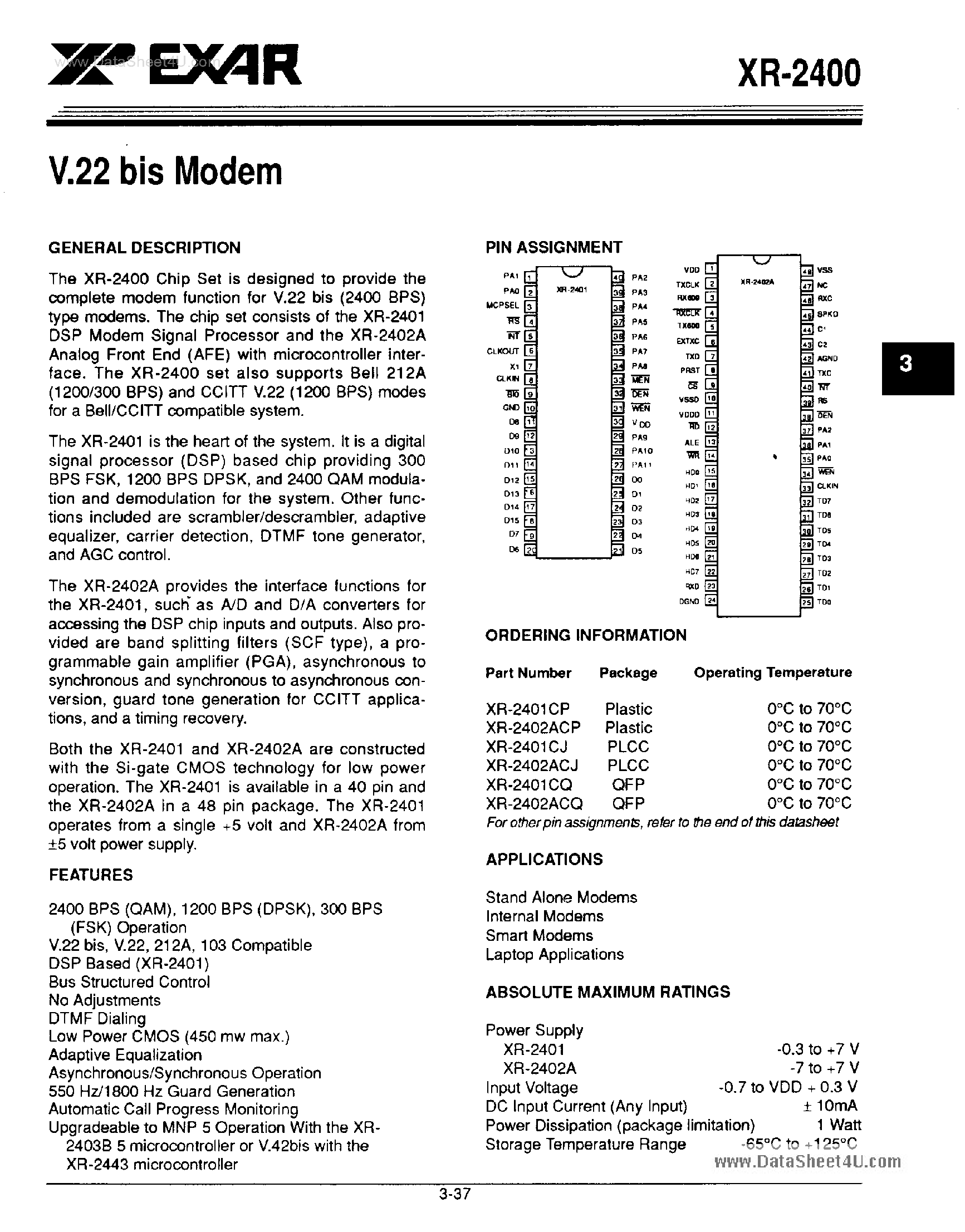 Datasheet XR2400 - V.22 Bis Modem page 1