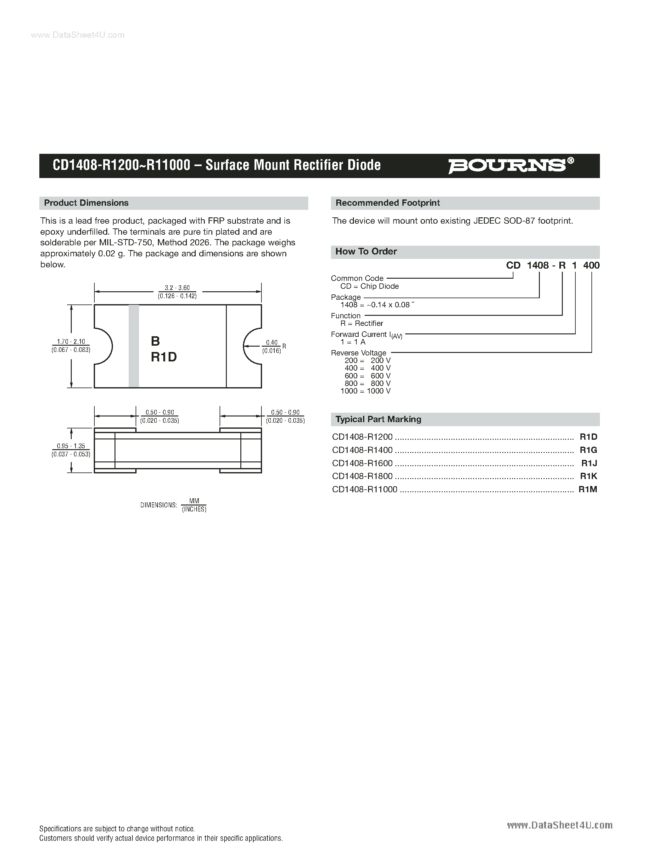 Даташит CD1408-R1x00 - Surface Mount Rectifier Diode страница 2