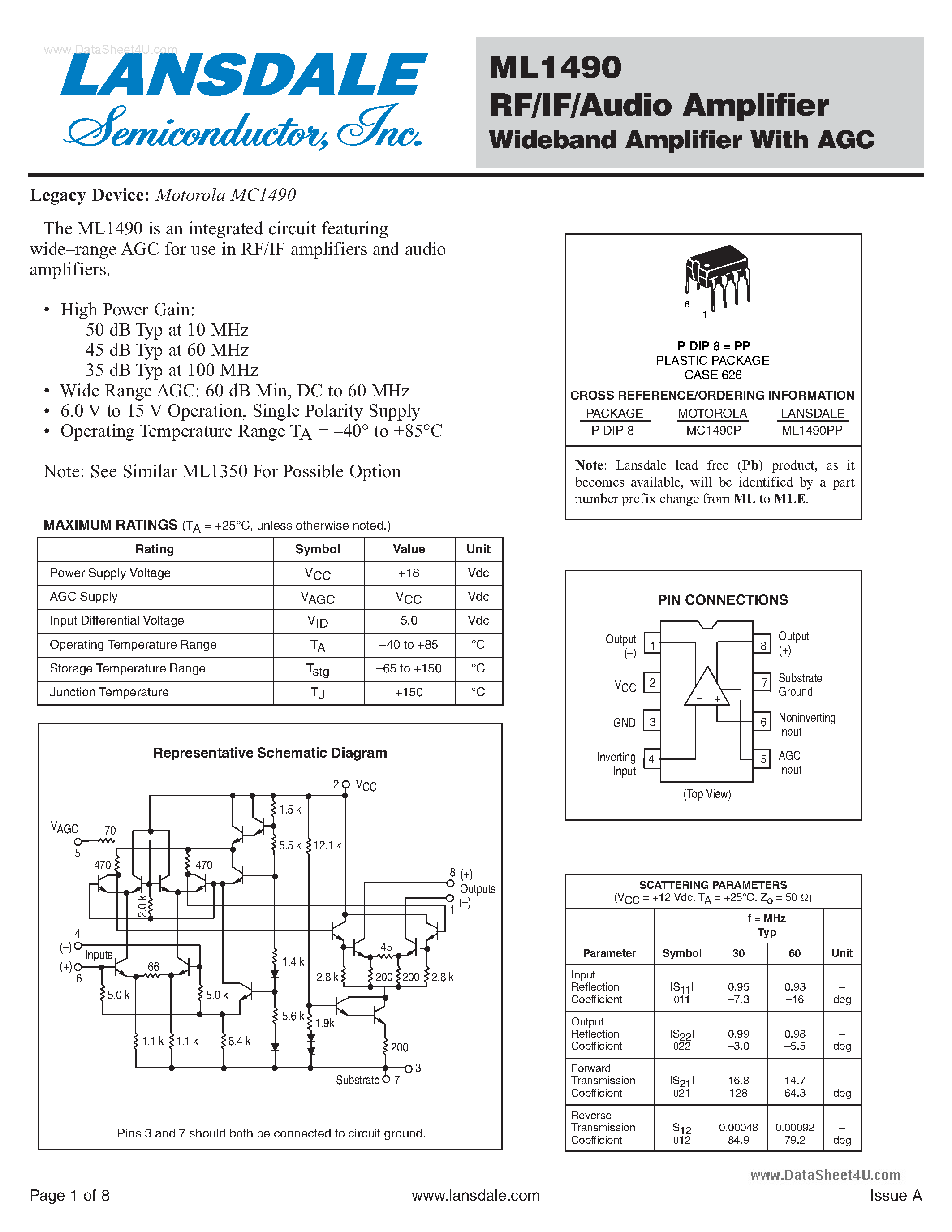 Даташит ML1490 - RF/IF/Audio Amplifier Wideband Amplifier страница 1