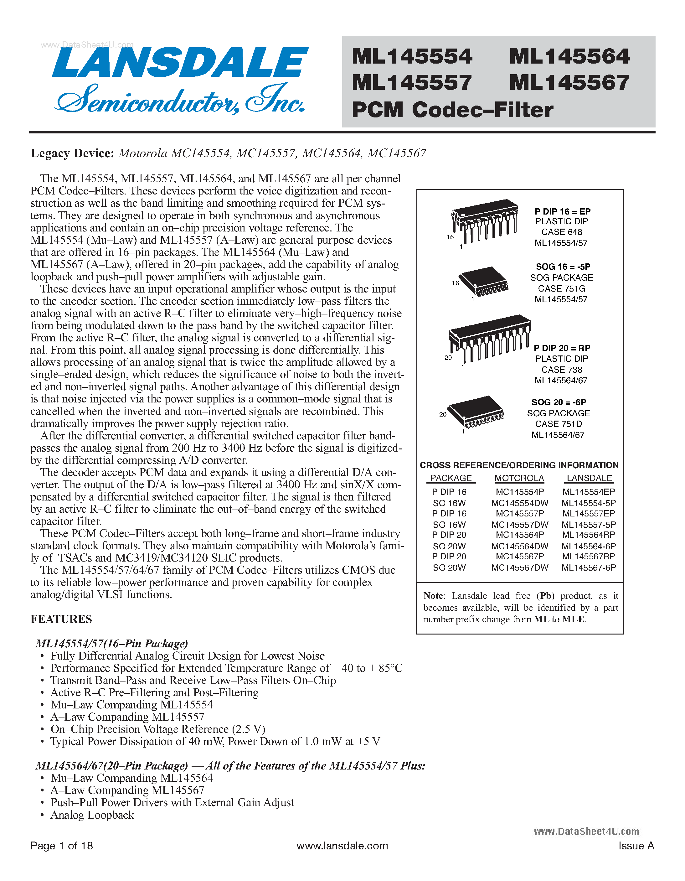 Даташит ML145554 - (ML145554 - ML145567) PCM Codec-Filter страница 1