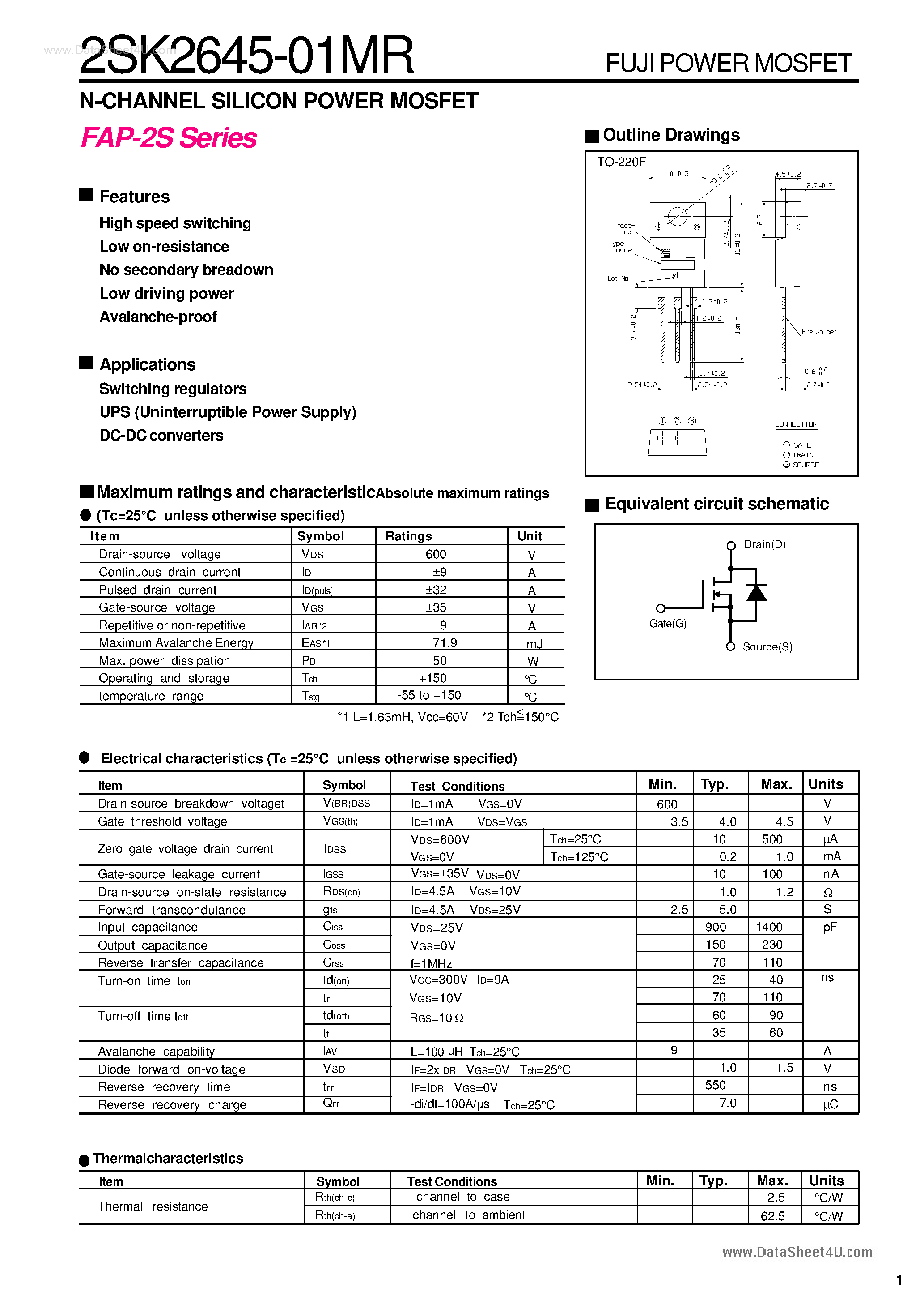 Datasheet K2645-01MR - Search -----> 2SK2645-01MR page 1
