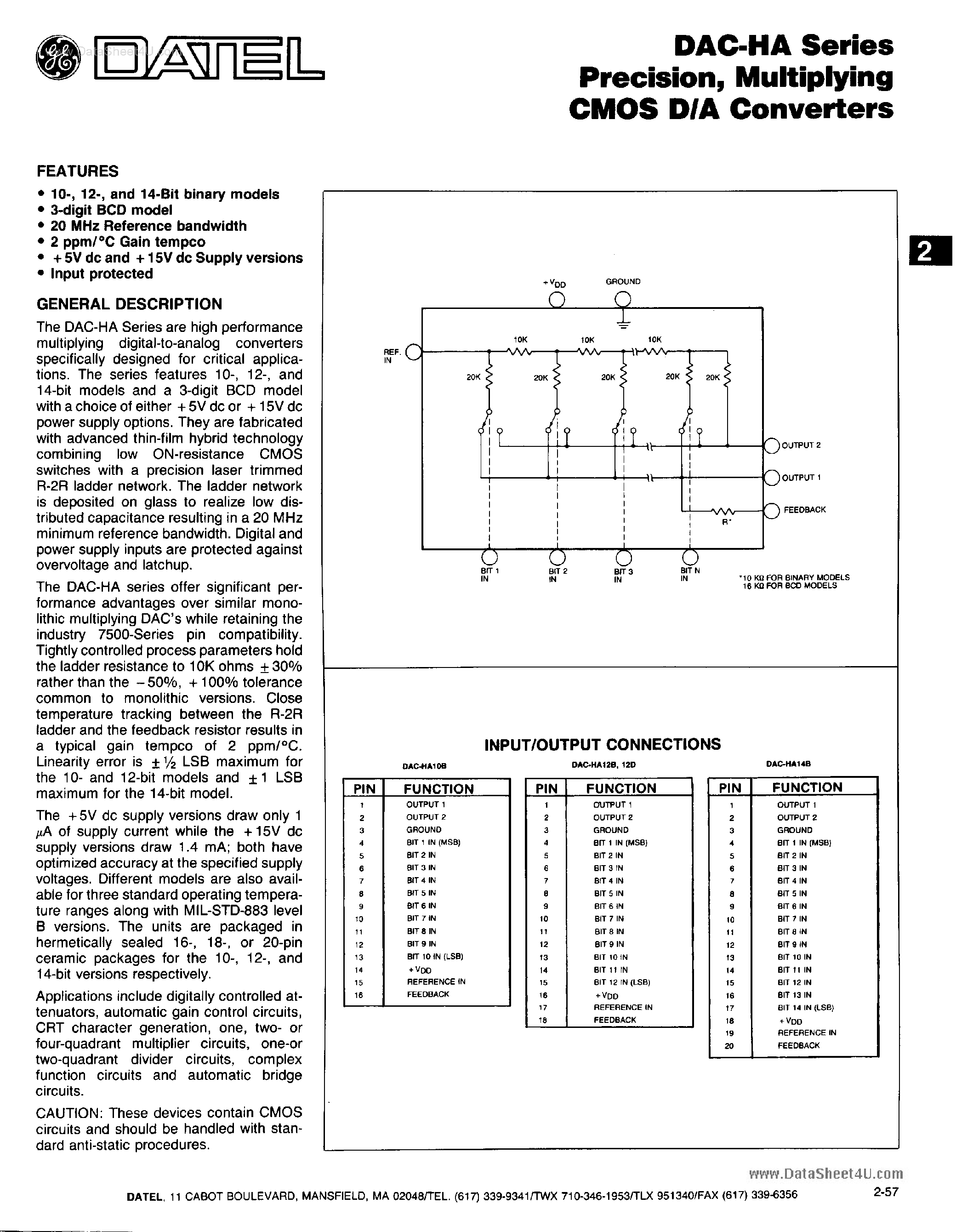 Даташит DAC-HA10B - (DAC-HA Series) Precision / Multiplying CMOS D/A Converters страница 1