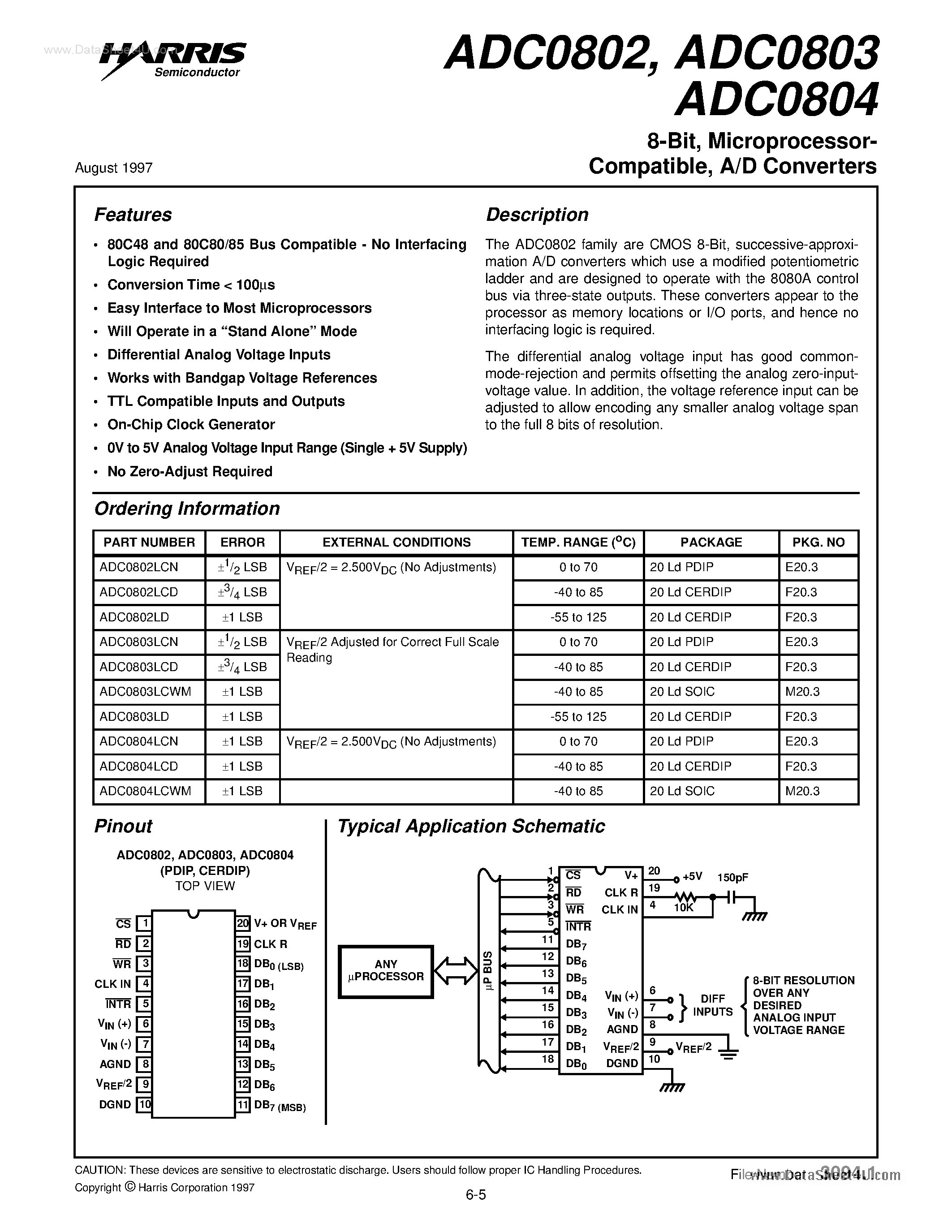 Даташит ADC-0802 - (ADC0802 - ADC0804) 8-Bit/ Microprocessor- Compatible/ A/D Converters страница 1